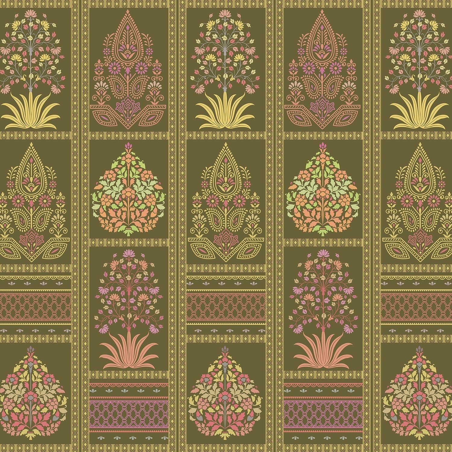 Traditional Mughal inspired brown and copper floral panels with ornate damask motifs - view 11 - final