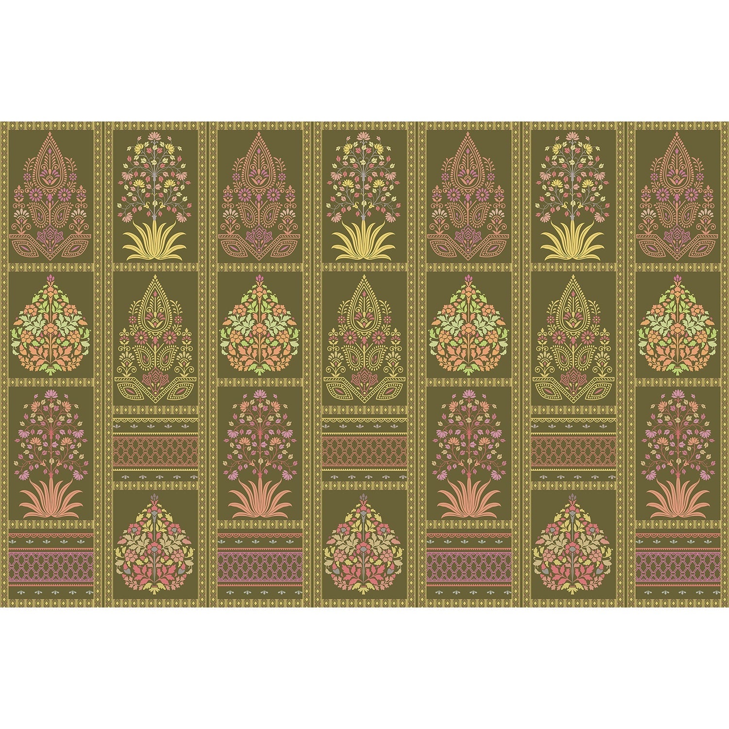 Traditional Mughal inspired brown and copper floral panels with ornate damask motifs - view 12 - final mural-equal