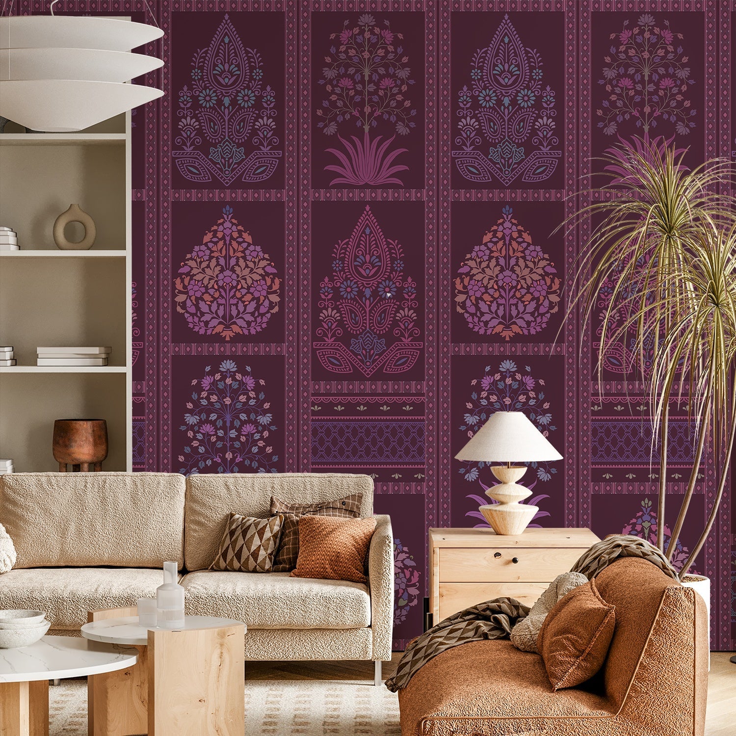 Traditional Mughal inspired brown and copper floral panels with ornate damask motifs - view 13 - final