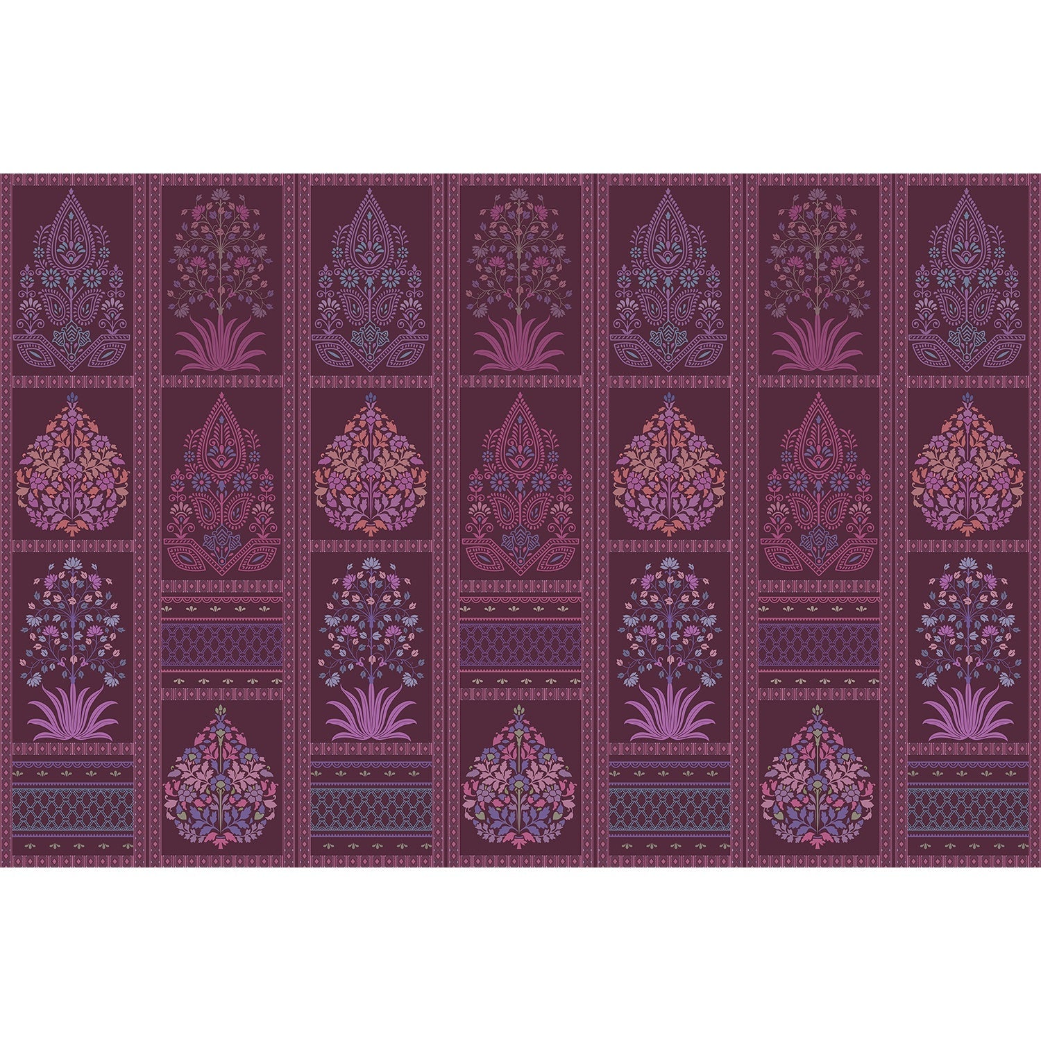 Traditional Mughal inspired brown and copper floral panels with ornate damask motifs - view 15 - final mural-equal