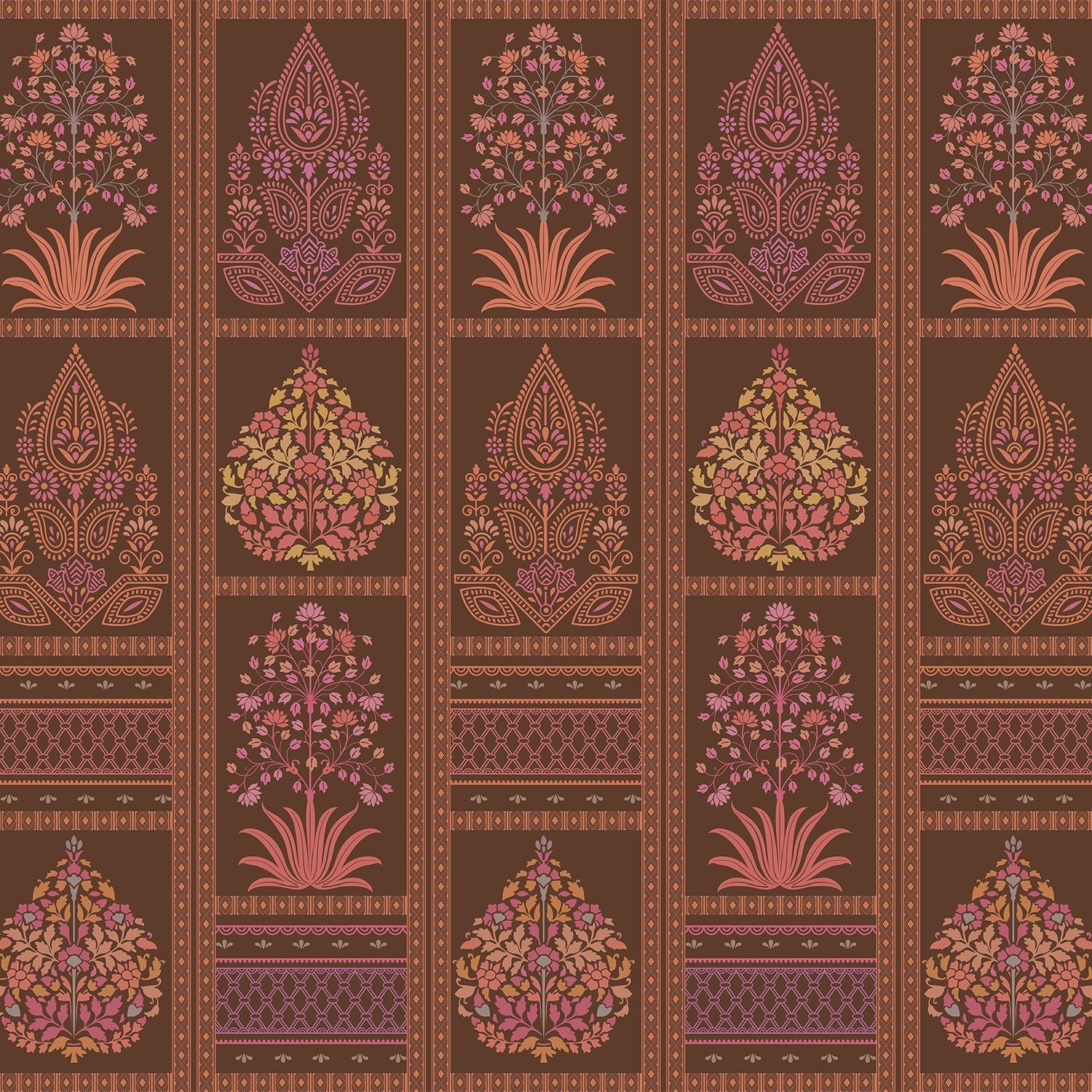 Traditional Mughal inspired brown and copper floral panels with ornate damask motifs - view 2 - final