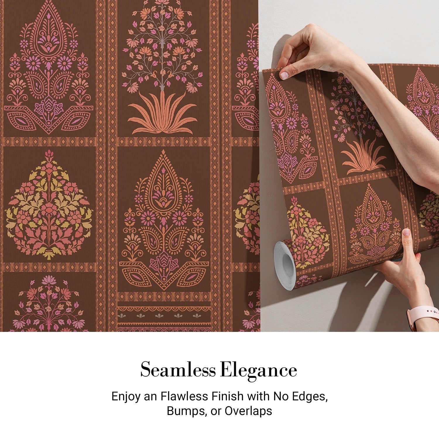 Traditional Mughal inspired brown and copper floral panels with ornate damask motifs - view 3 - final