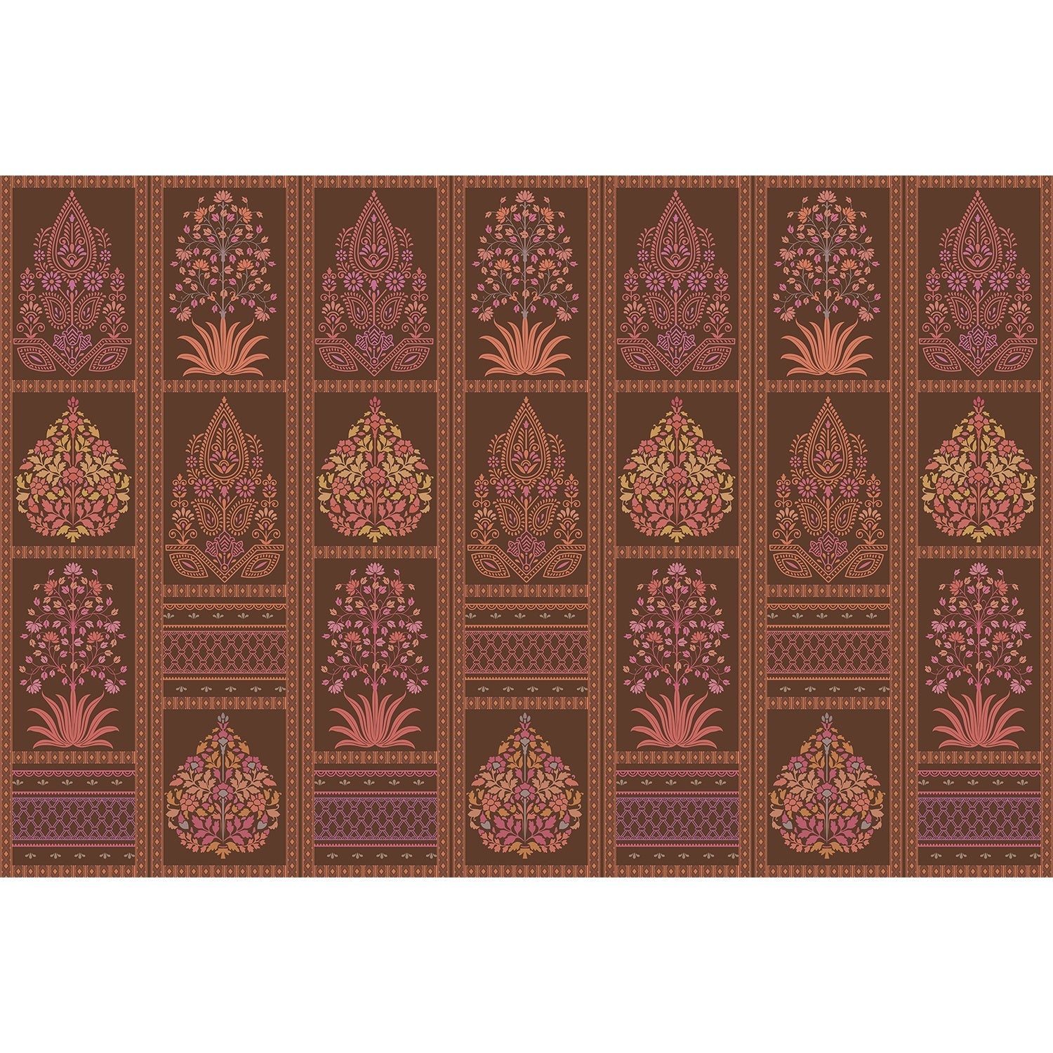 Traditional Mughal inspired brown and copper floral panels with ornate damask motifs - view 6 - final mural-equal