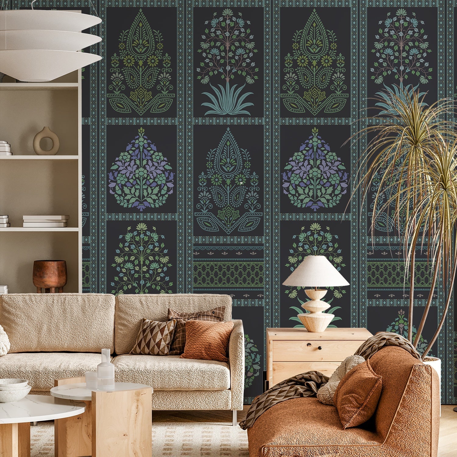 Traditional Mughal inspired brown and copper floral panels with ornate damask motifs - view 7 - final