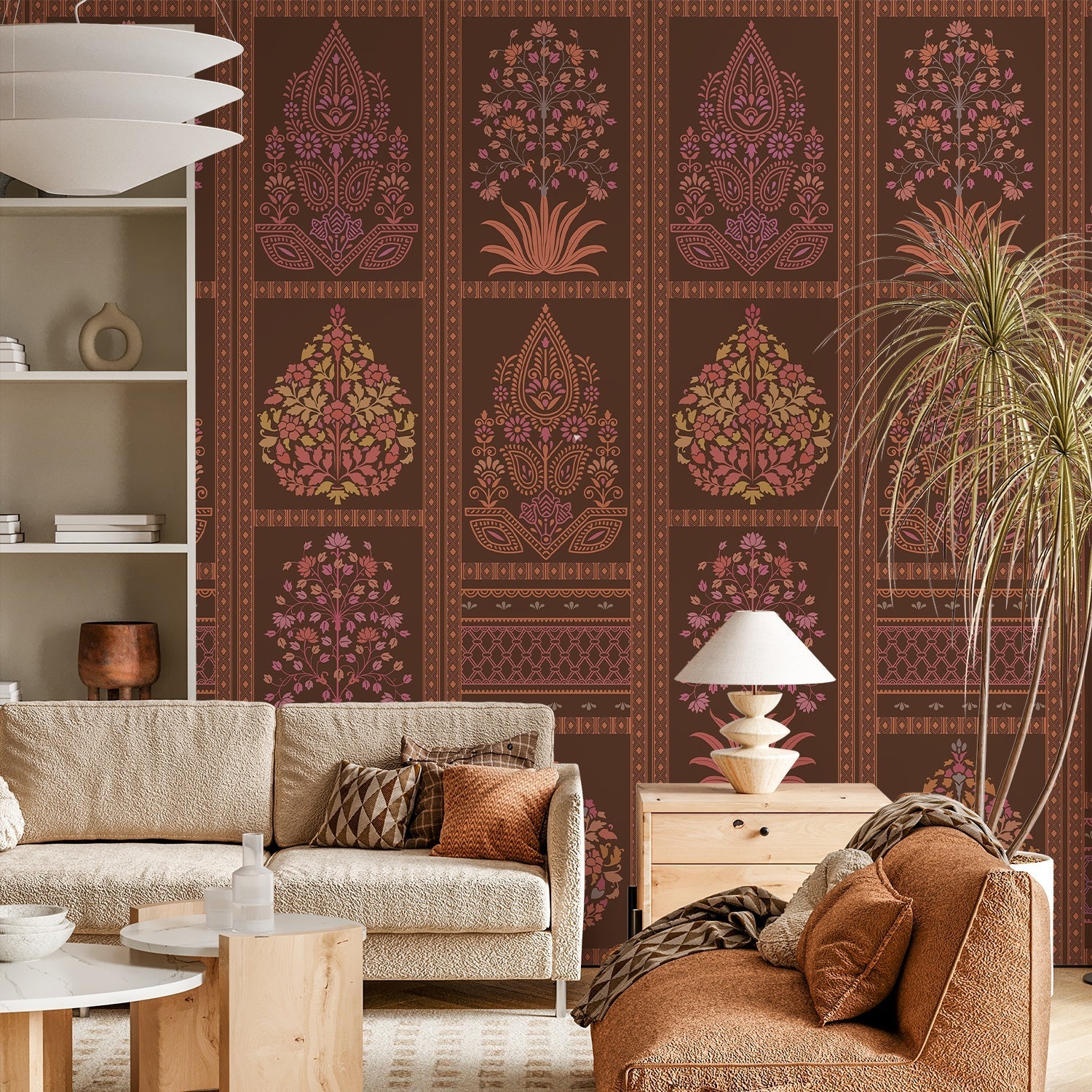 Traditional Mughal inspired brown and copper floral panels with ornate damask motifs - final living-room