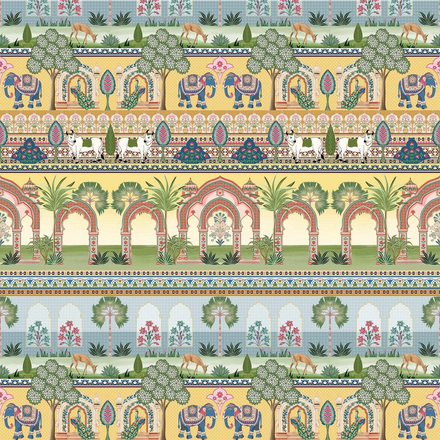 Traditional Mughal palace scene with elephants, ornate arches and botanical borders in pastel colors - view 2 - final