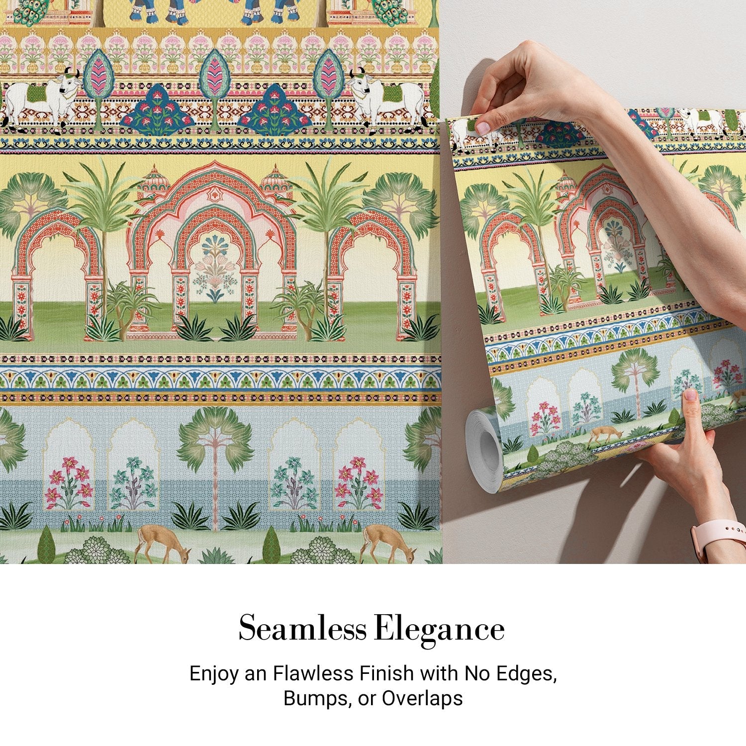 Traditional Mughal palace scene with elephants, ornate arches and botanical borders in pastel colors - view 4 - final