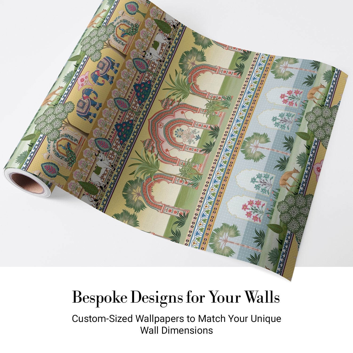 Traditional Mughal palace scene with elephants, ornate arches and botanical borders in pastel colors - view 5 - final