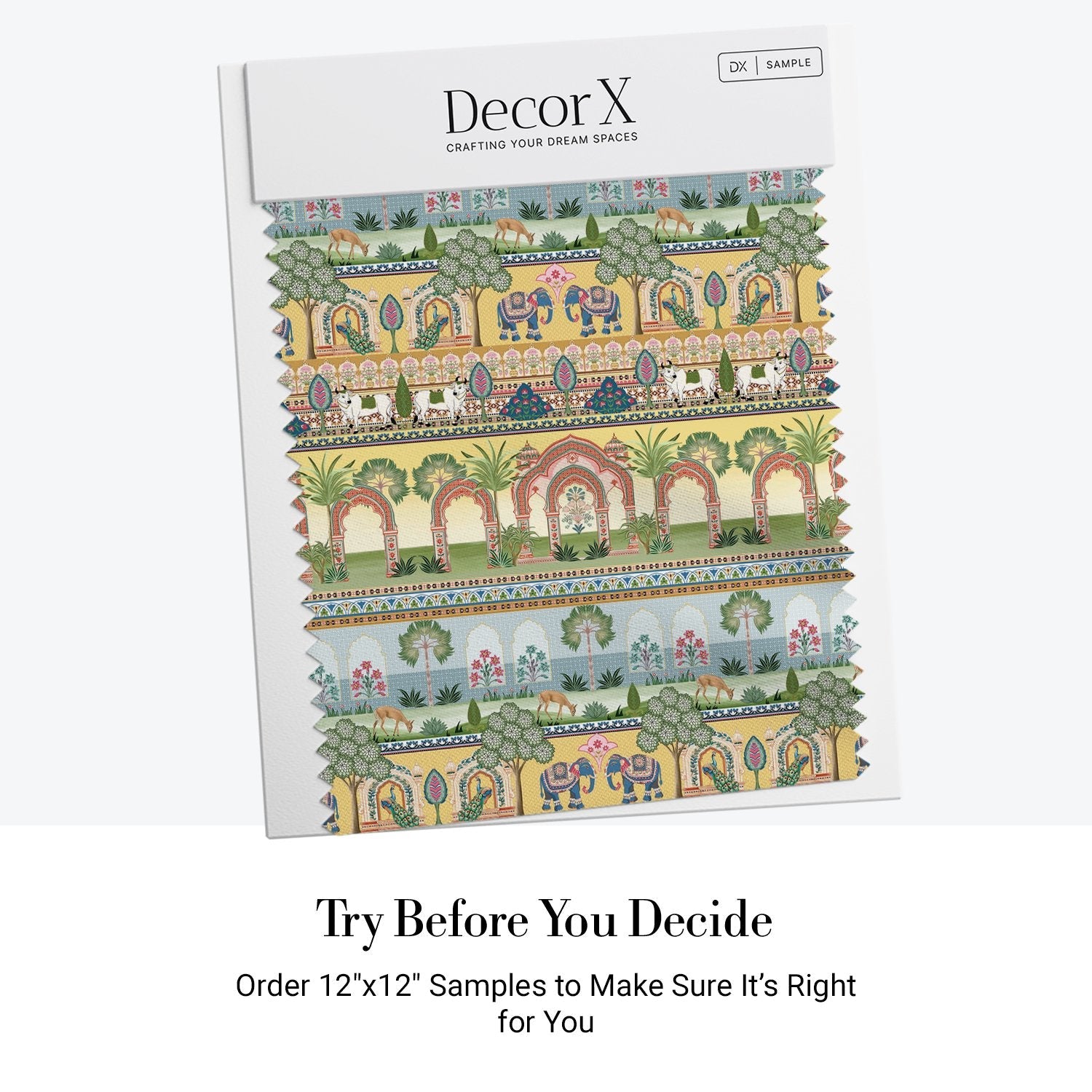Traditional Mughal palace scene with elephants, ornate arches and botanical borders in pastel colors - view 8 - final all-groups samples