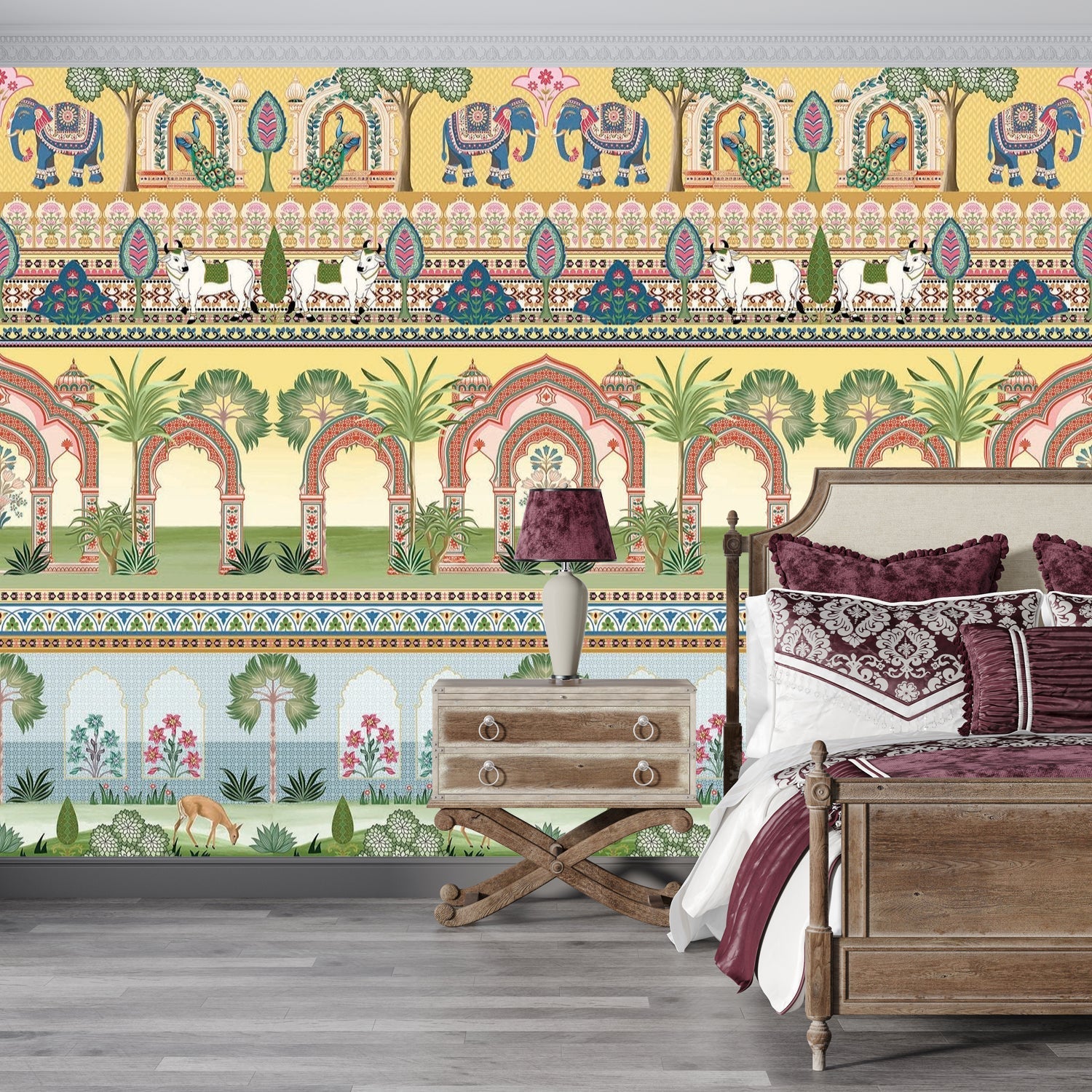 Traditional Mughal palace scene with elephants, ornate arches and botanical borders in pastel colors - final bed-room