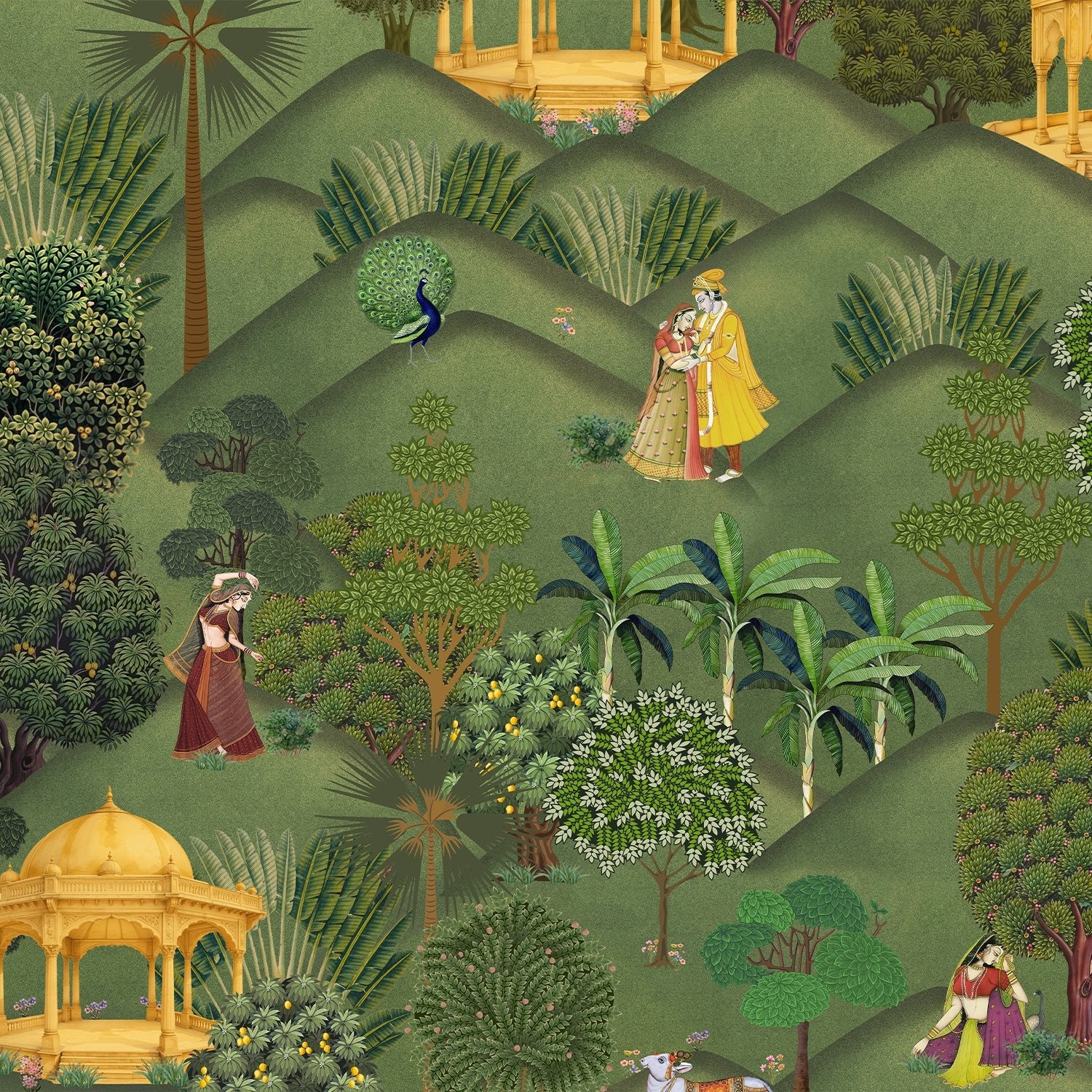 Traditional Mughal garden scene with golden pavilions and lush greenery in pastoral setting - view 2 - final