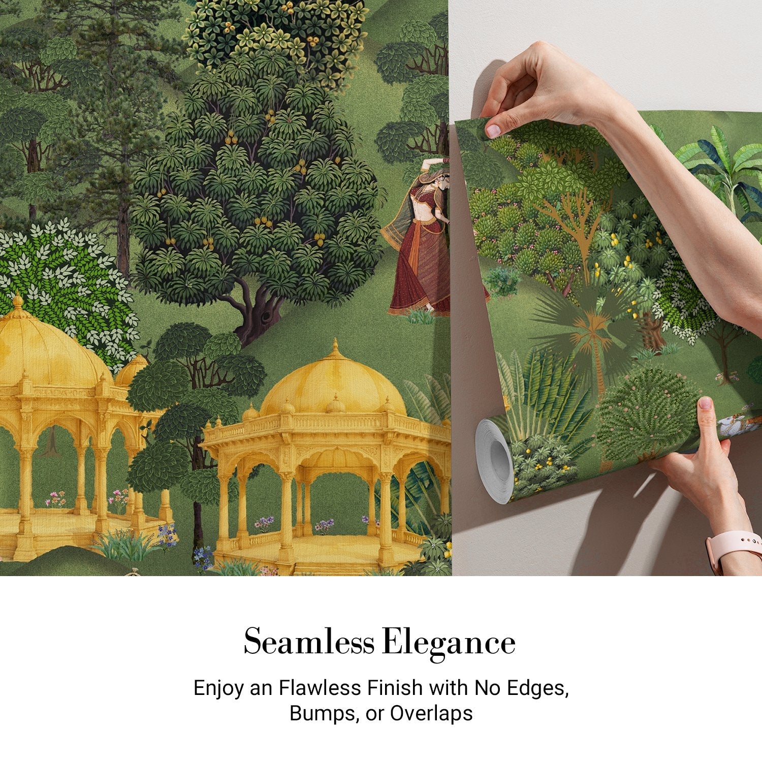 Traditional Mughal garden scene with golden pavilions and lush greenery in pastoral setting - view 4 - final