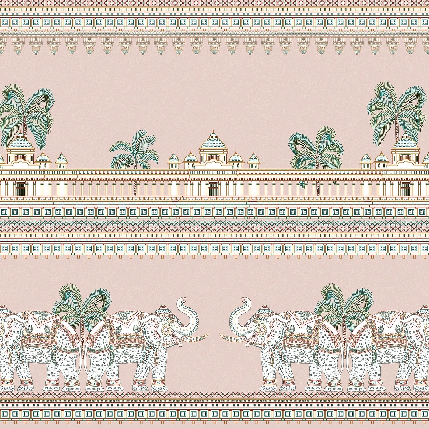Ornate Mughal palace architecture with palm trees and decorative elephants in soft turquoise tones - view 12 - final