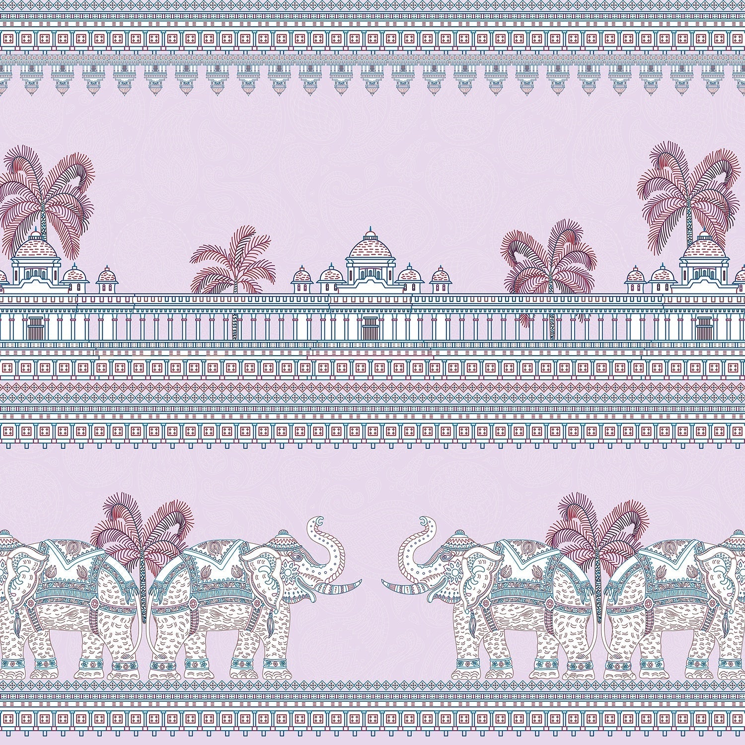 Ornate Mughal palace architecture with palm trees and decorative elephants in soft turquoise tones - view 16 - final