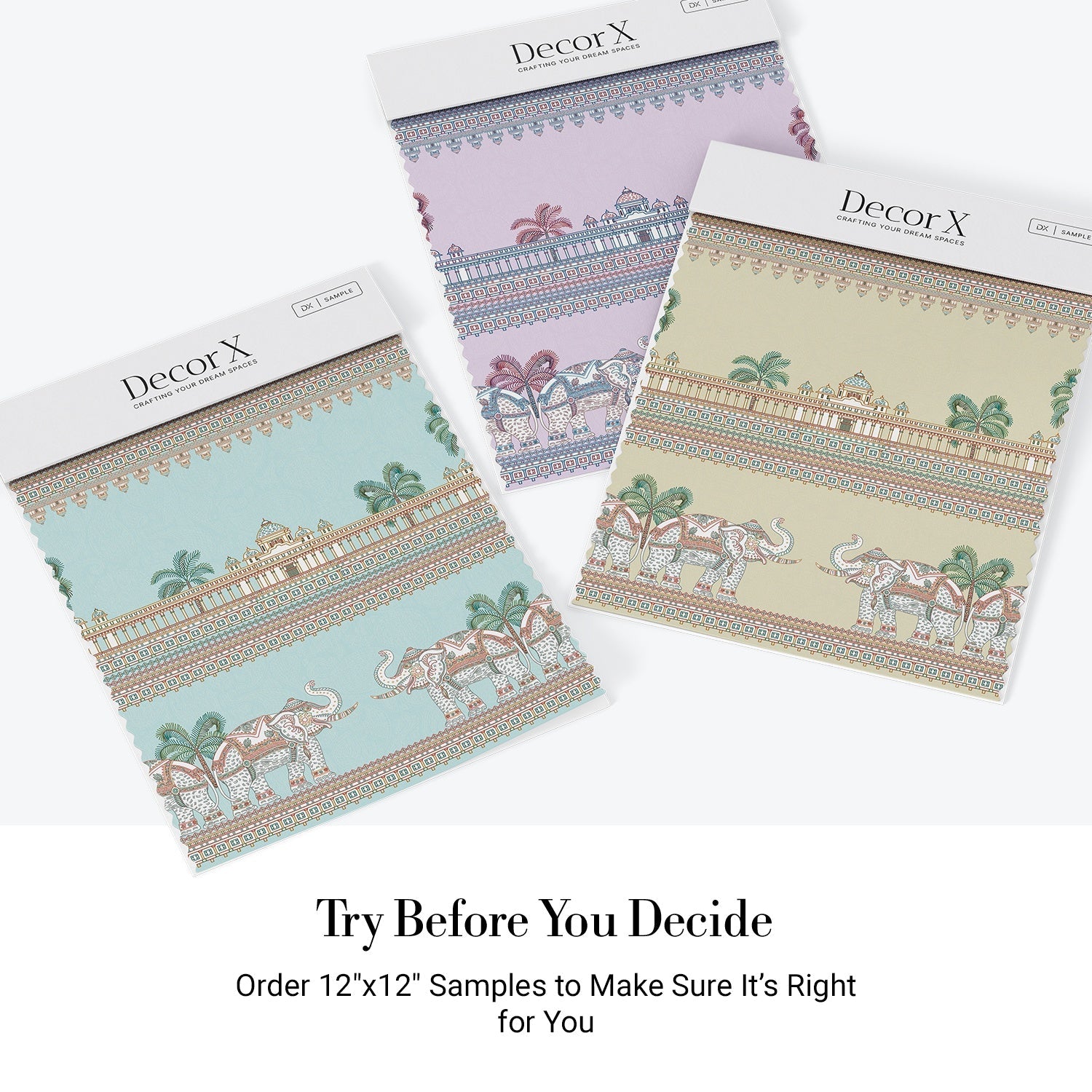 Ornate Mughal palace architecture with palm trees and decorative elephants in soft turquoise tones - view 19 - final all-groups samples