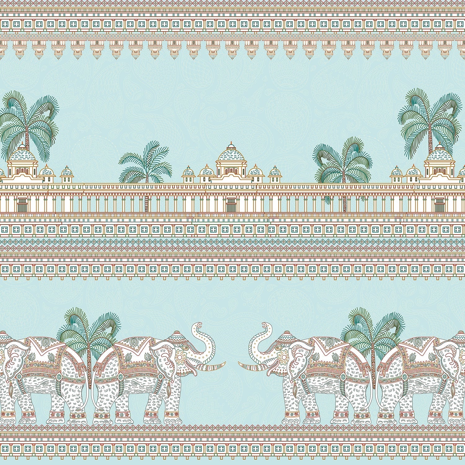 Ornate Mughal palace architecture with palm trees and decorative elephants in soft turquoise tones - view 2 - final