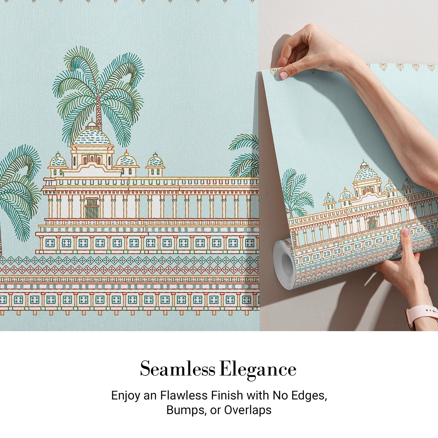 Ornate Mughal palace architecture with palm trees and decorative elephants in soft turquoise tones - view 3 - final