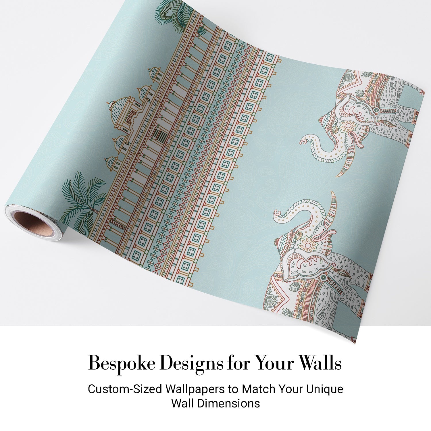 Ornate Mughal palace architecture with palm trees and decorative elephants in soft turquoise tones - view 4 - final