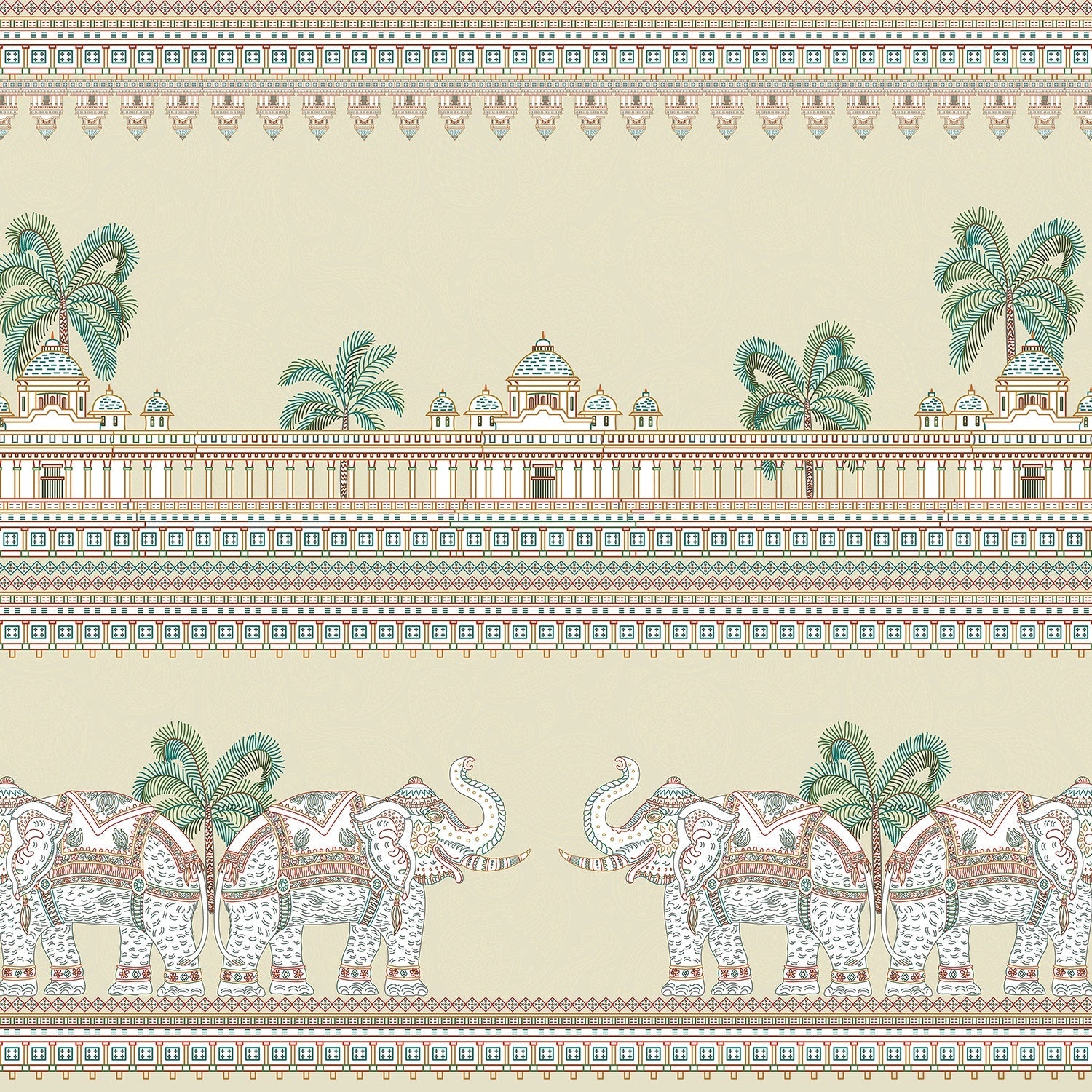 Ornate Mughal palace architecture with palm trees and decorative elephants in soft turquoise tones - view 8 - final