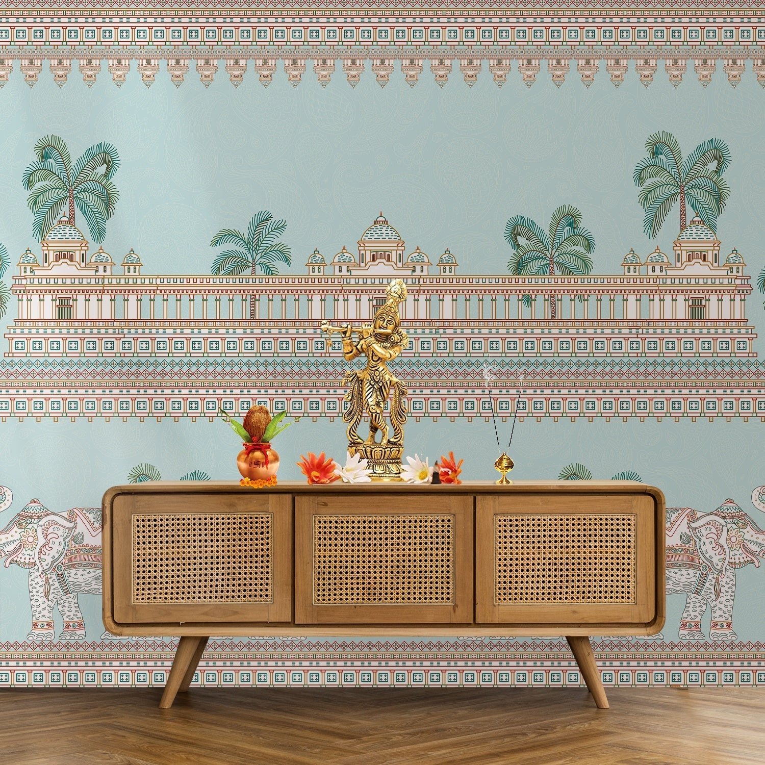 Ornate Mughal palace architecture with palm trees and decorative elephants in soft turquoise tones - final pooja-room