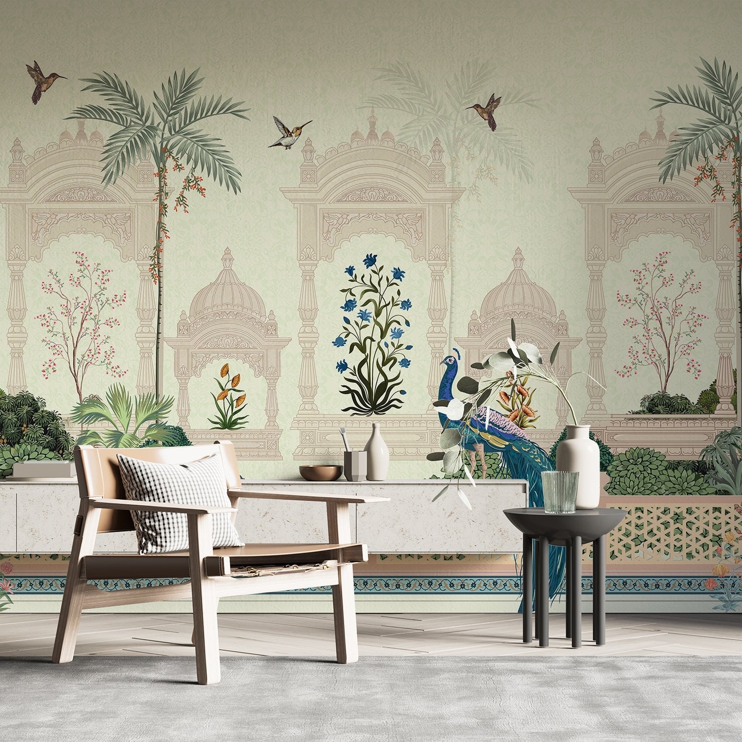 Elegant Mughal palace arches with peacock, palm trees and delicate blue floral motifs - view 10 - final