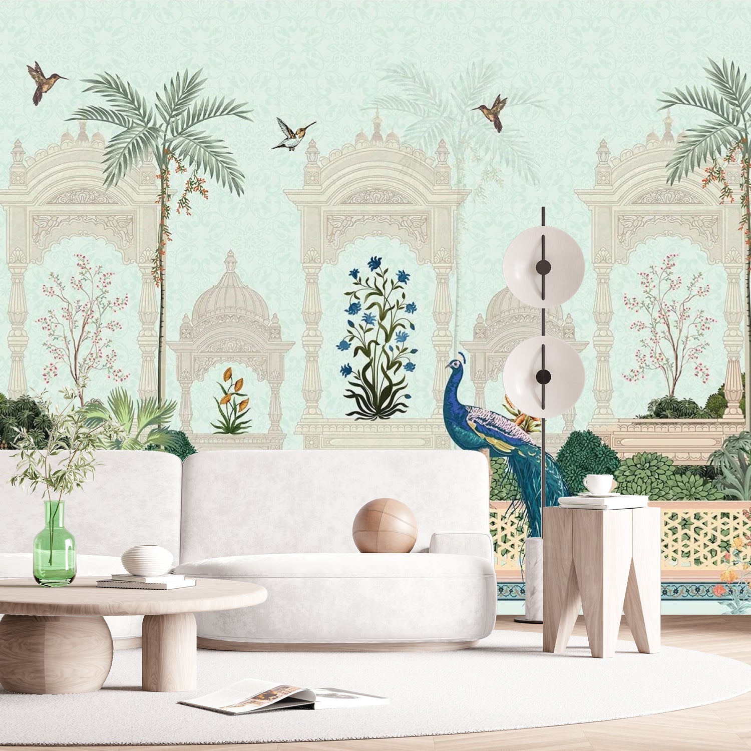Elegant Mughal palace arches with peacock, palm trees and delicate blue floral motifs - view 12 - final