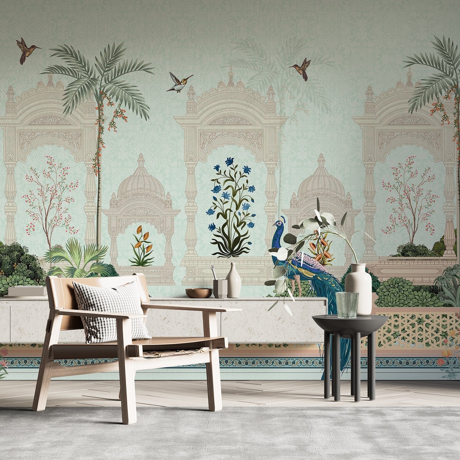 Elegant Mughal palace arches with peacock, palm trees and delicate blue floral motifs - view 14 - final