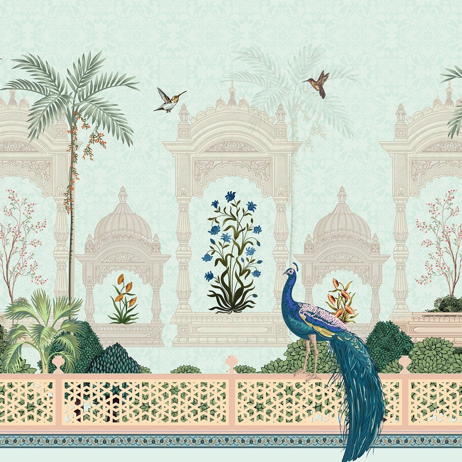 Elegant Mughal palace arches with peacock, palm trees and delicate blue floral motifs - view 15 - final