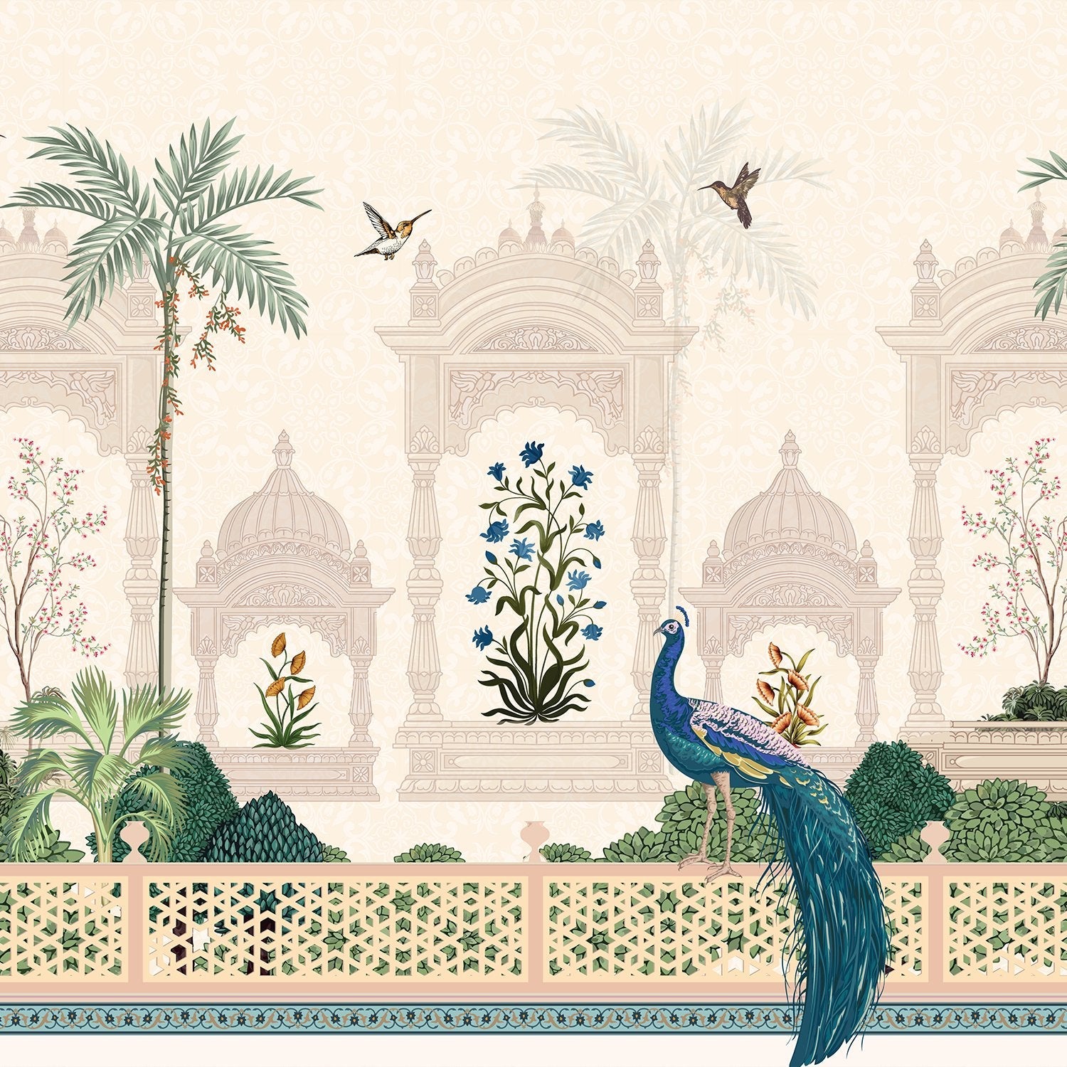 Elegant Mughal palace arches with peacock, palm trees and delicate blue floral motifs - view 2 - final