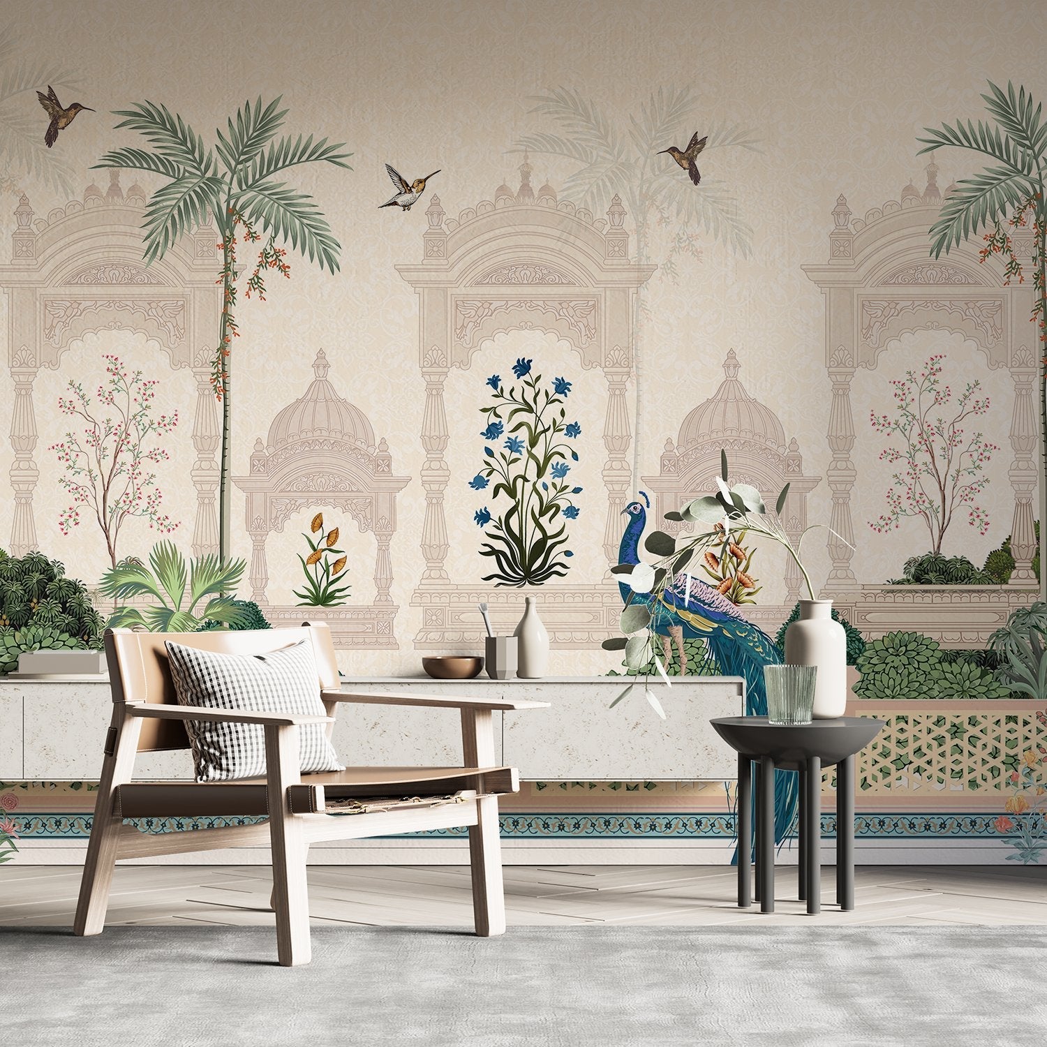 Elegant Mughal palace arches with peacock, palm trees and delicate blue floral motifs - view 3 - final hobby-room