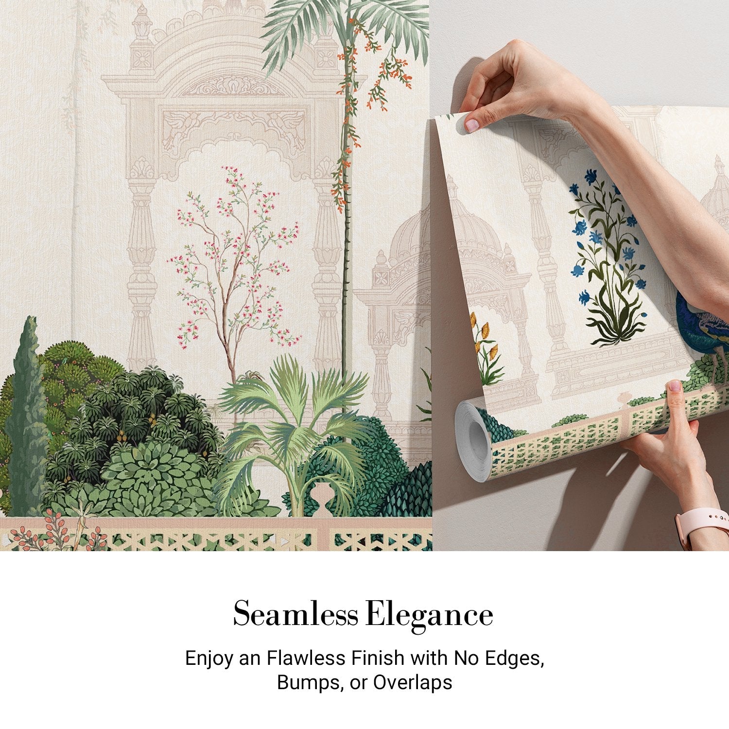 Elegant Mughal palace arches with peacock, palm trees and delicate blue floral motifs - view 4 - final