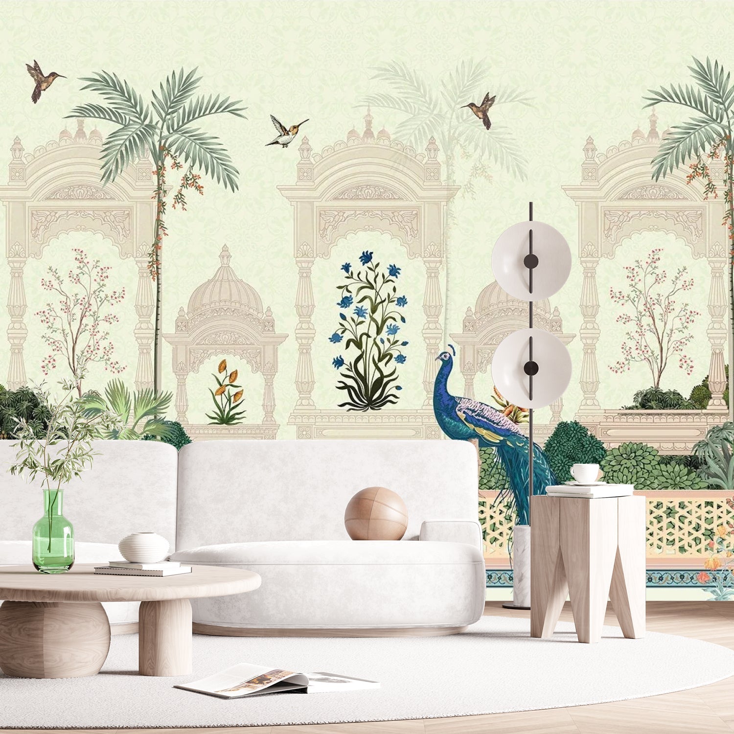 Elegant Mughal palace arches with peacock, palm trees and delicate blue floral motifs - view 8 - final