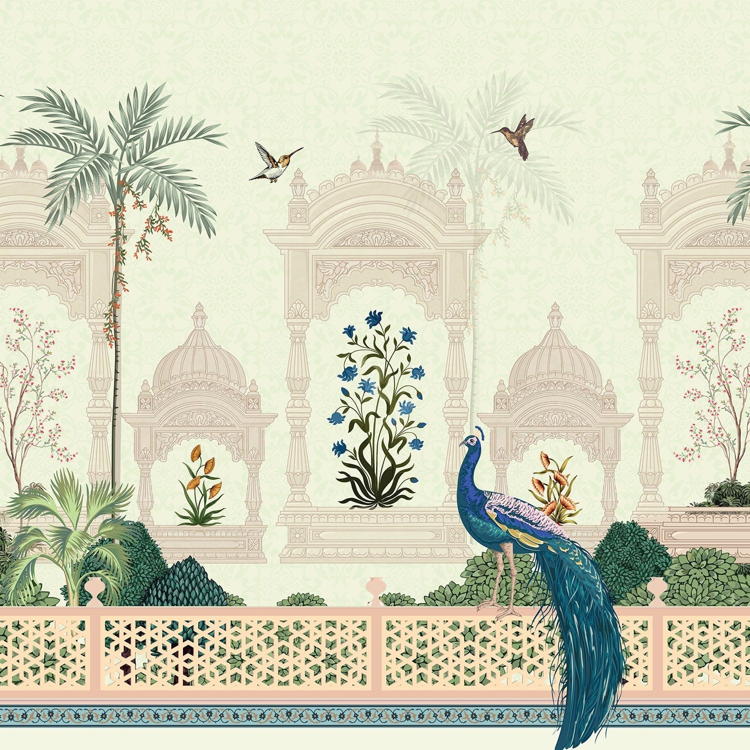 Elegant Mughal palace arches with peacock, palm trees and delicate blue floral motifs - view 9 - final