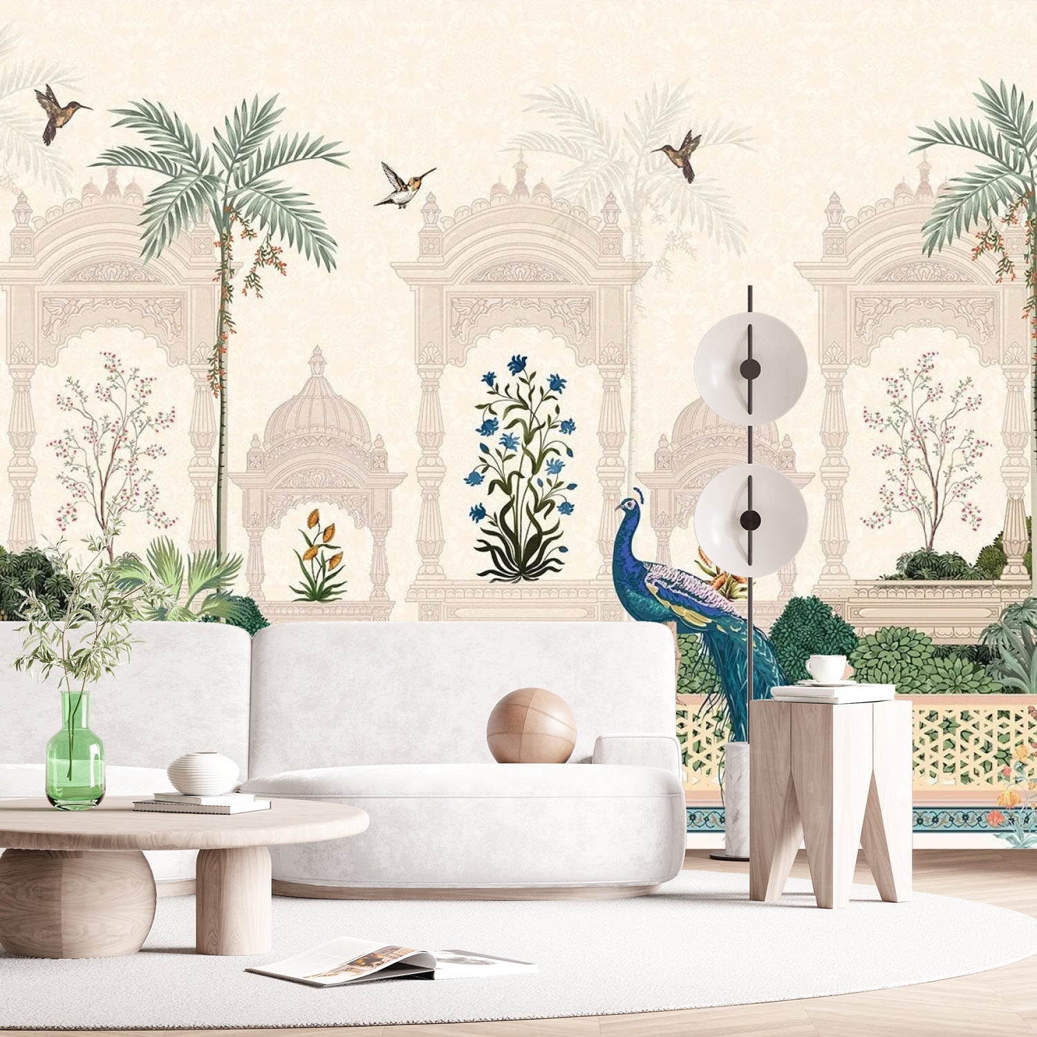 Elegant Mughal palace arches with peacock, palm trees and delicate blue floral motifs - final living-room
