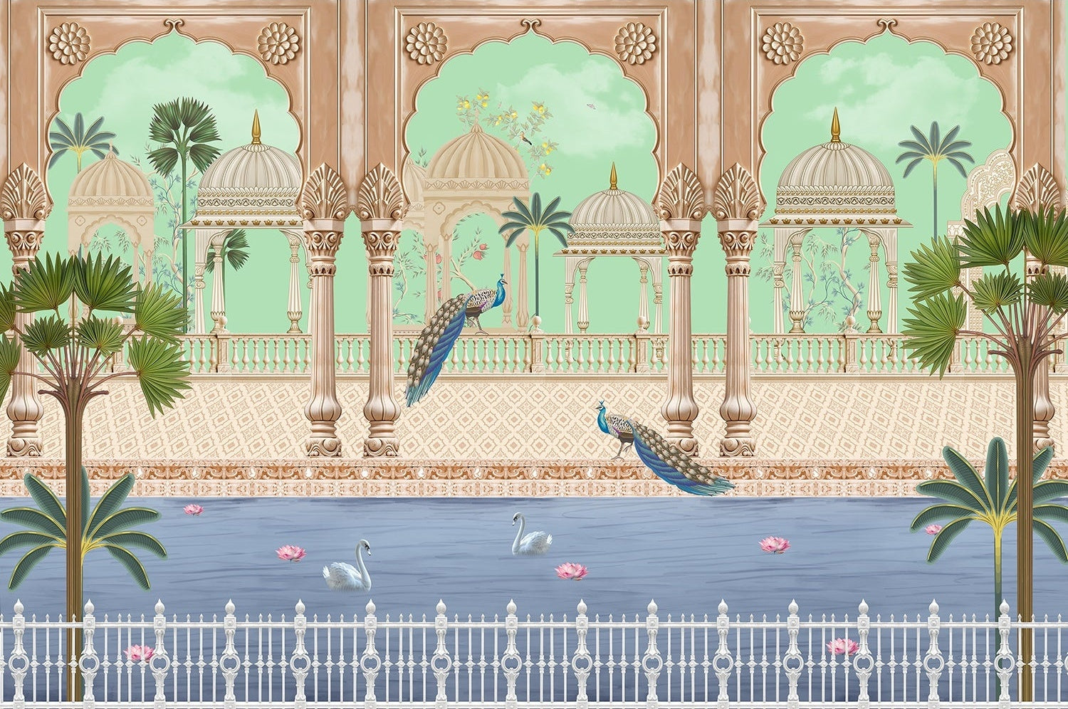 "Peacocks and pavilions scenic lea - mughal wallpaper mural-inequal final"