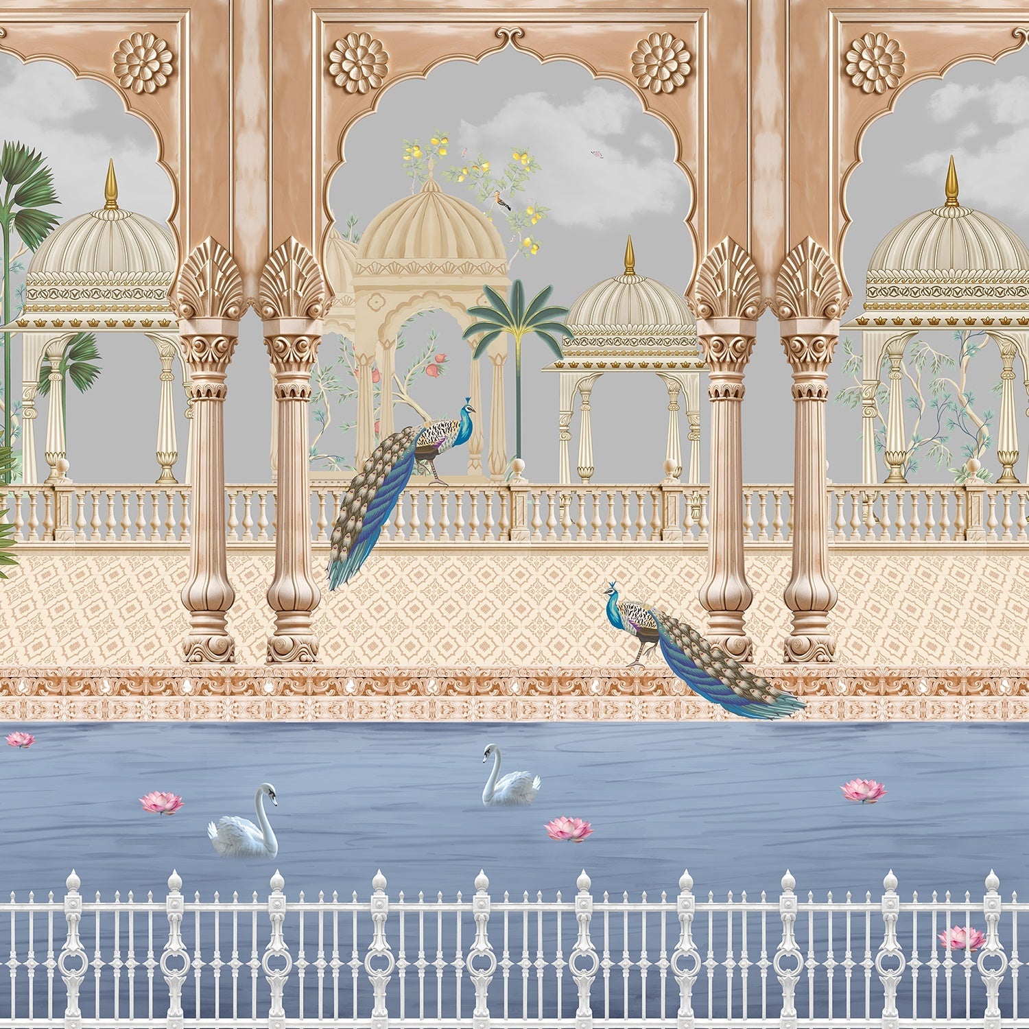 Ornate Mughal palace architecture with peacocks and swans beside serene lake with palms - view 12 - final