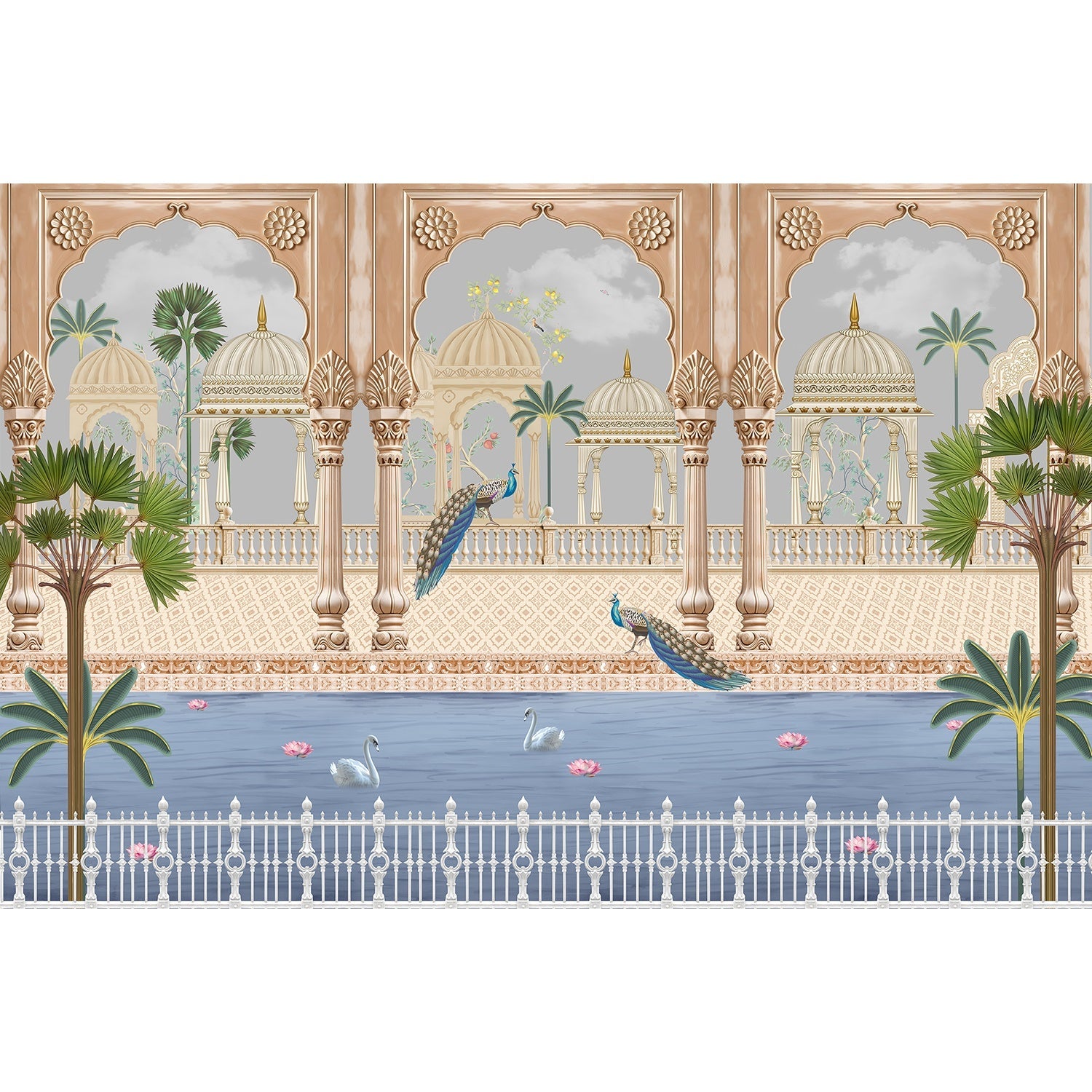 "Peacocks and pavilions scenic lea - mughal wallpaper mural-equal final"