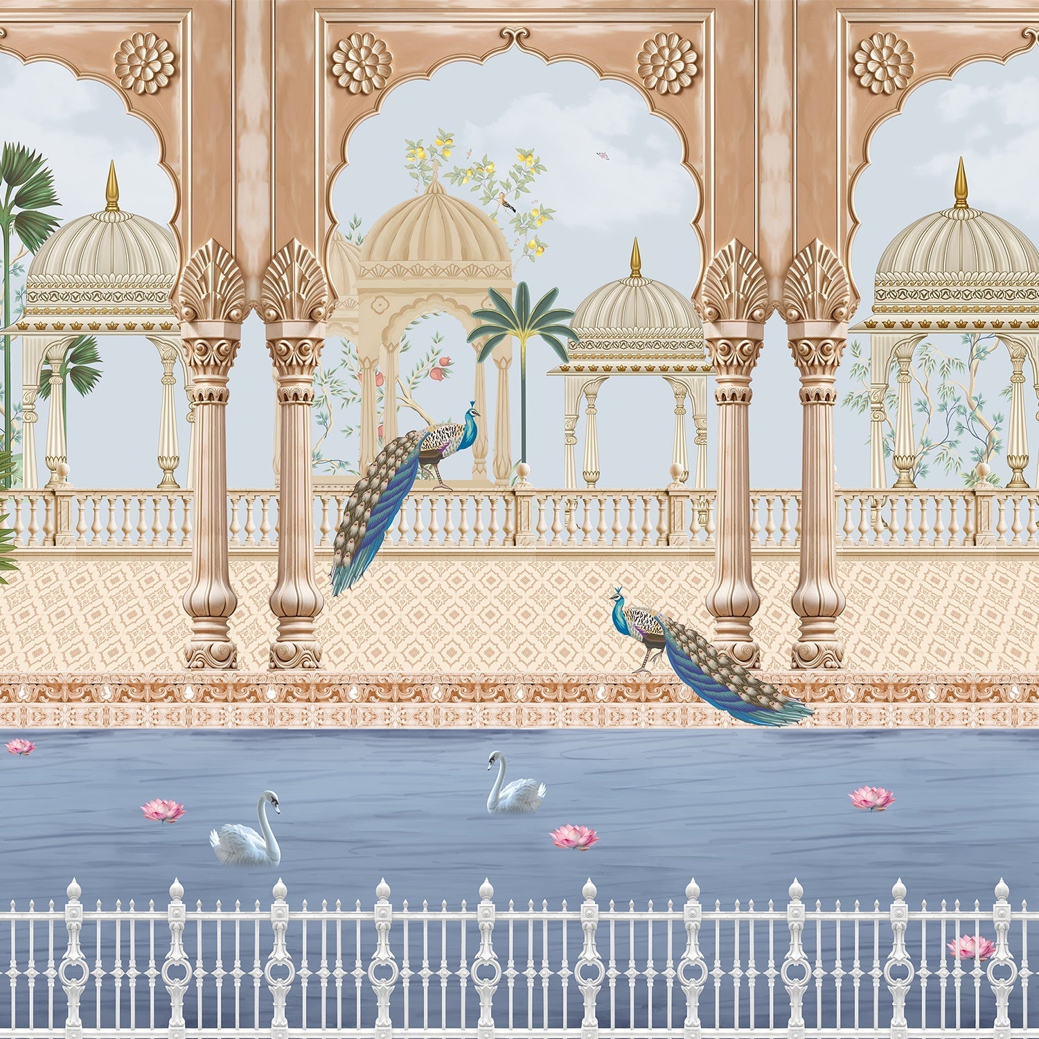 Ornate Mughal palace architecture with peacocks and swans beside serene lake with palms - view 16 - final
