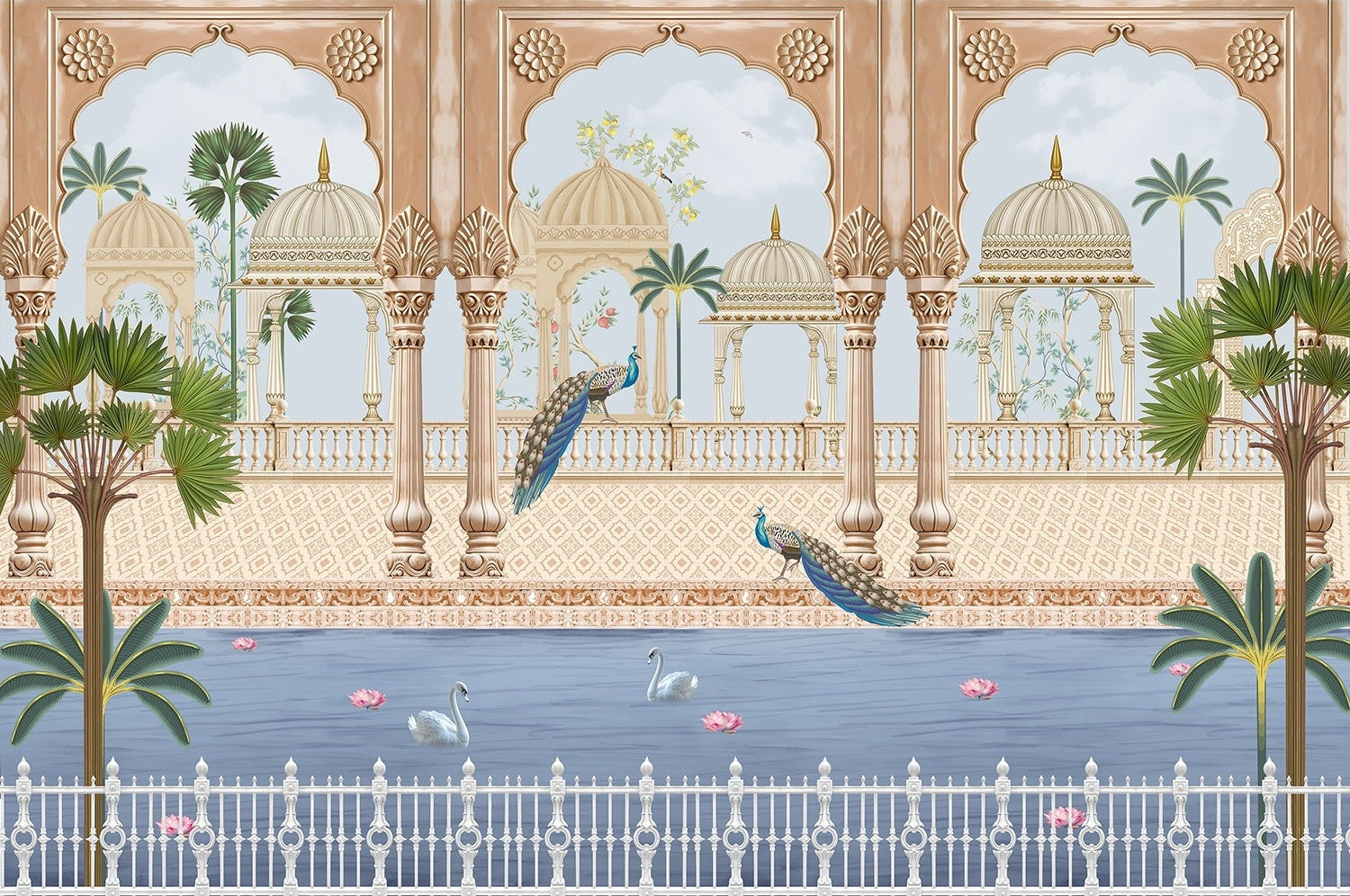 "Peacocks and pavilions scenic lea - mughal wallpaper mural-inequal final"