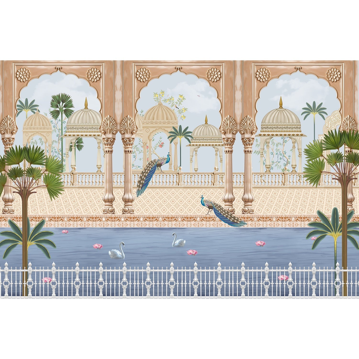 "Peacocks and pavilions scenic lea - mughal wallpaper mural-equal final"