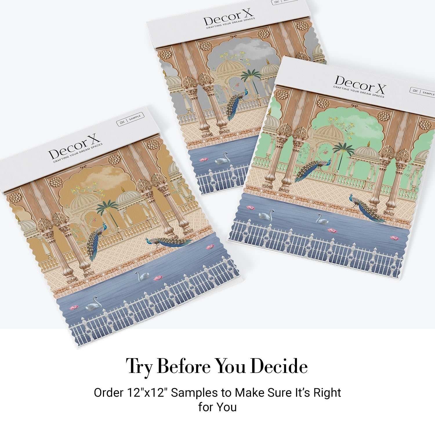 Ornate Mughal palace architecture with peacocks and swans beside serene lake with palms - view 19 - final all-groups samples