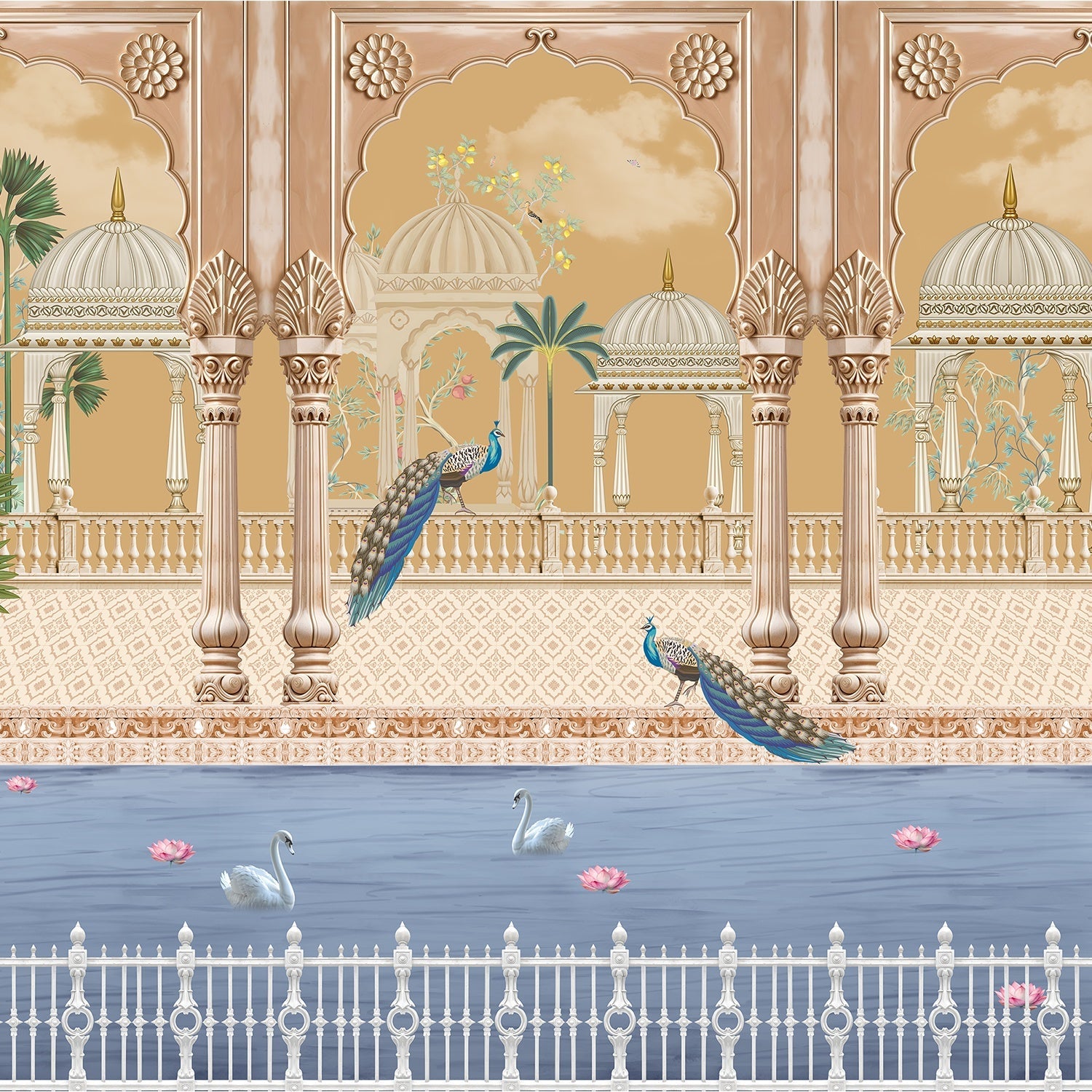 Ornate Mughal palace architecture with peacocks and swans beside serene lake with palms - view 2 - final