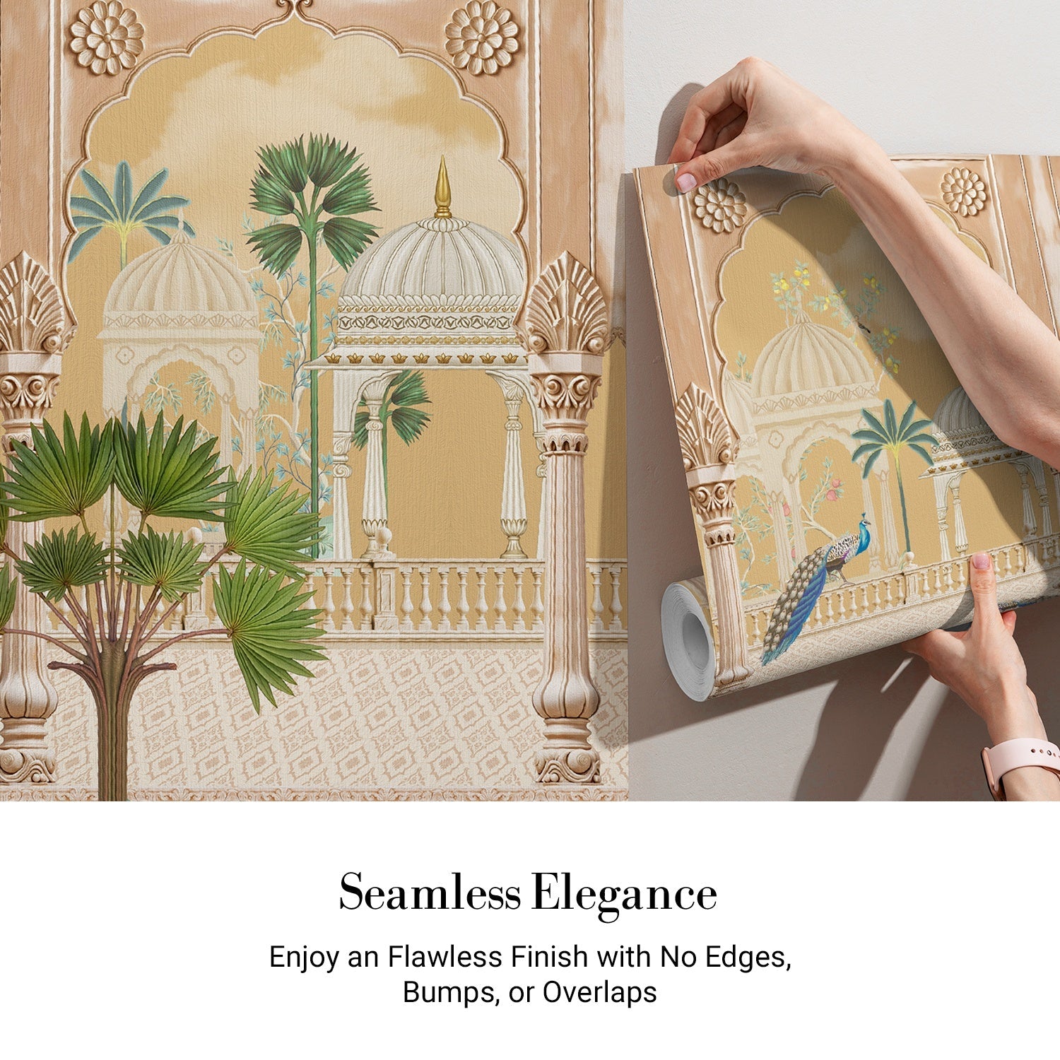 Ornate Mughal palace architecture with peacocks and swans beside serene lake with palms - view 3 - final