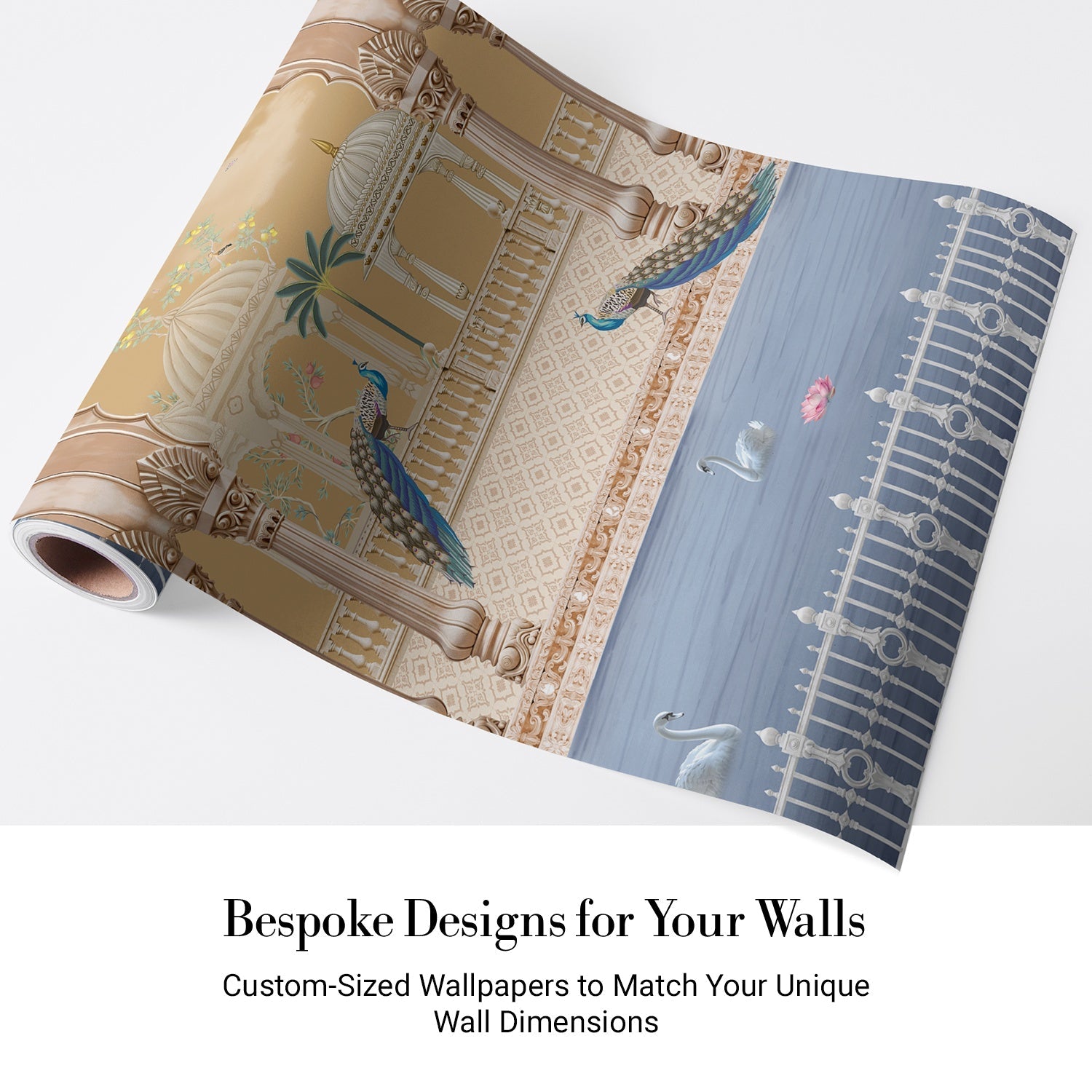 Ornate Mughal palace architecture with peacocks and swans beside serene lake with palms - view 4 - final