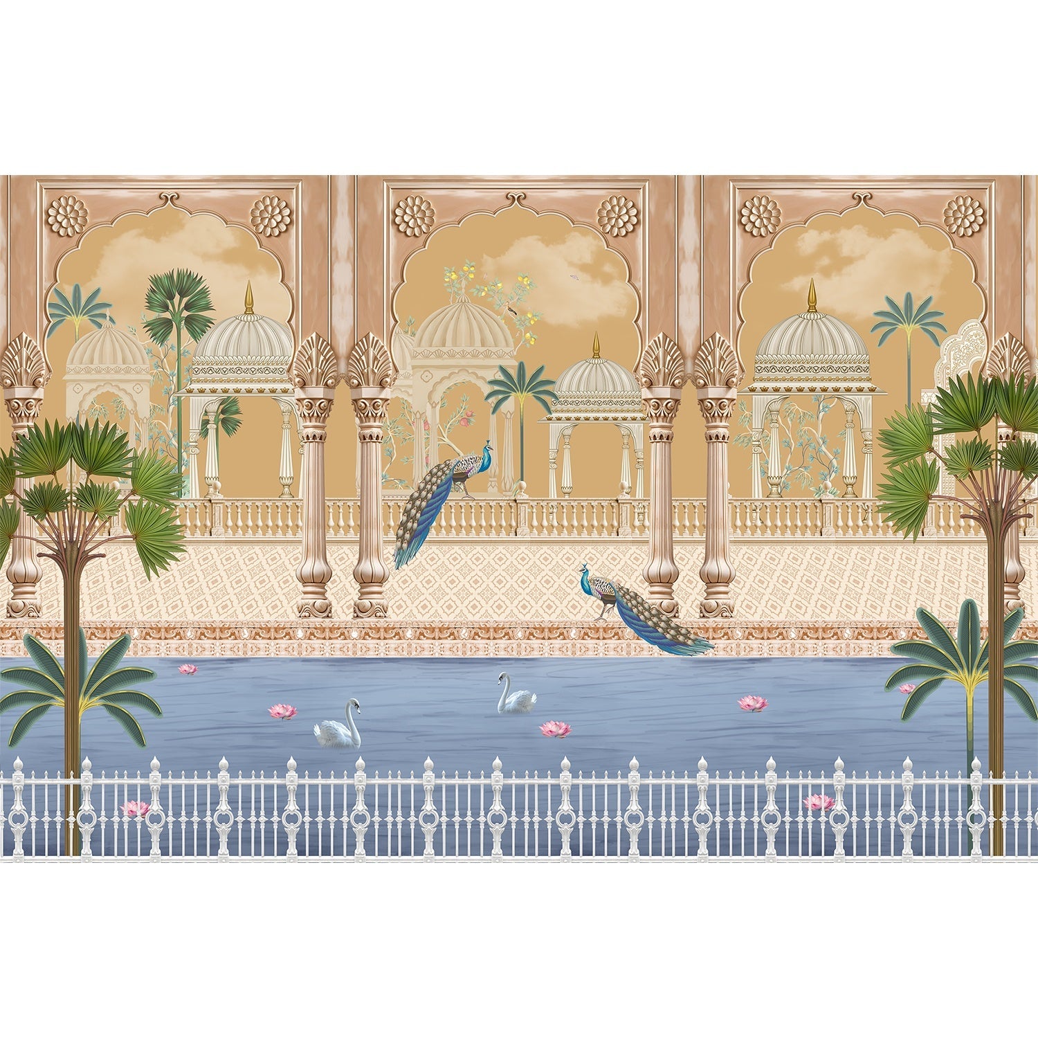 "Peacocks and pavilions scenic lea - mughal wallpaper mural-equal final"