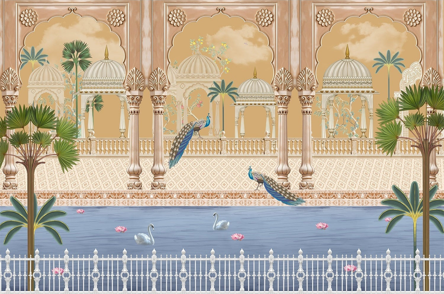 "Peacocks and pavilions scenic lea - mughal wallpaper mural-inequal final"