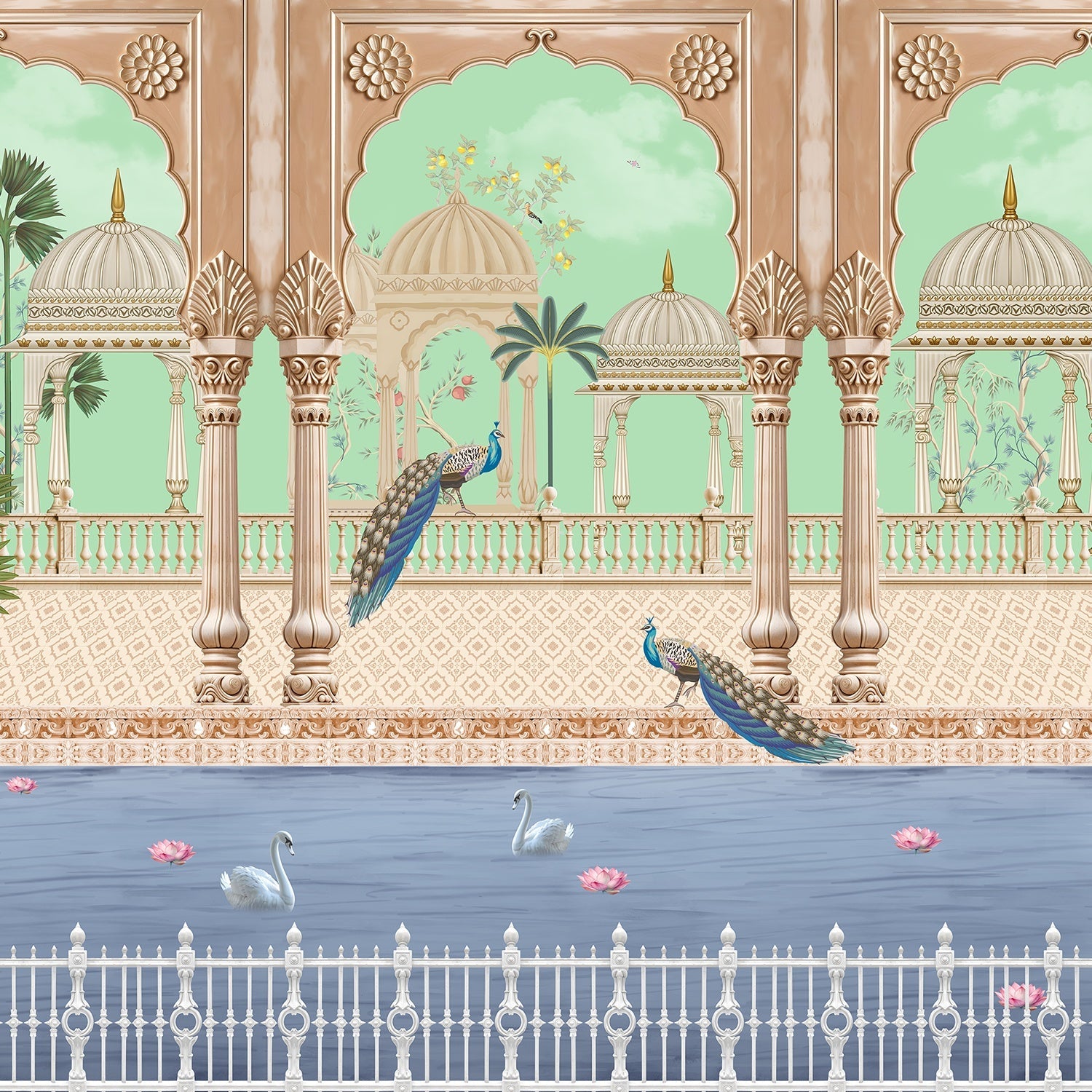 Ornate Mughal palace architecture with peacocks and swans beside serene lake with palms - view 8 - final