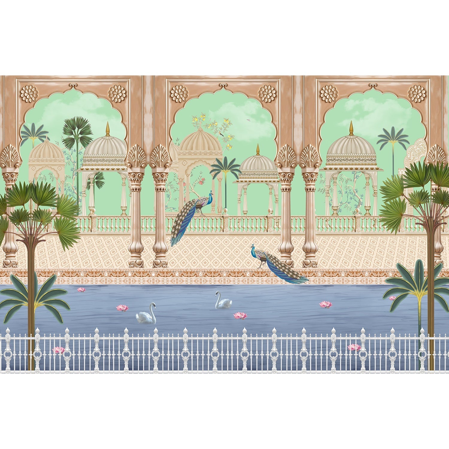"Peacocks and pavilions scenic lea - mughal wallpaper mural-equal final"