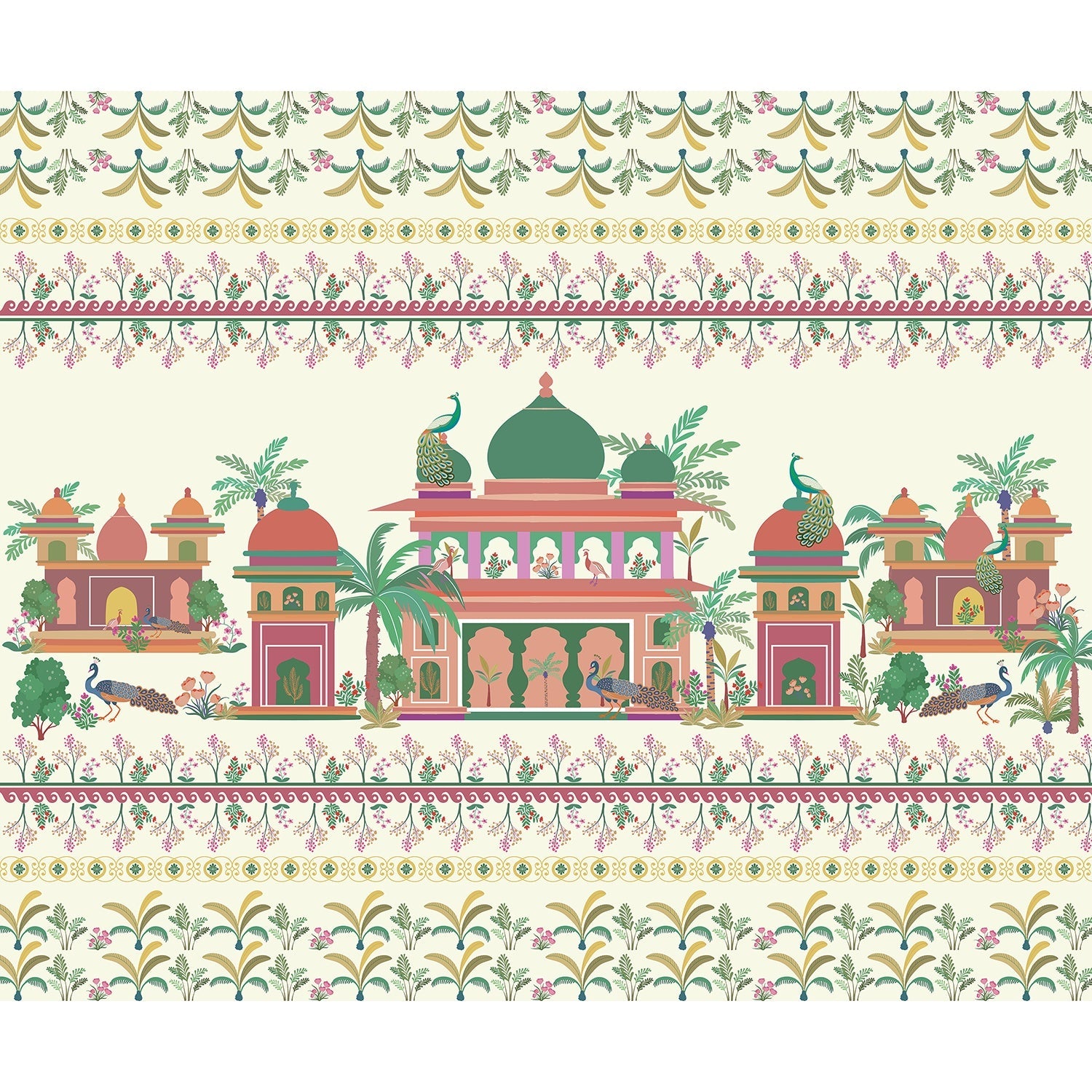 "Peacocks in royal courtyard lea - mughal wallpaper mural-equal final"