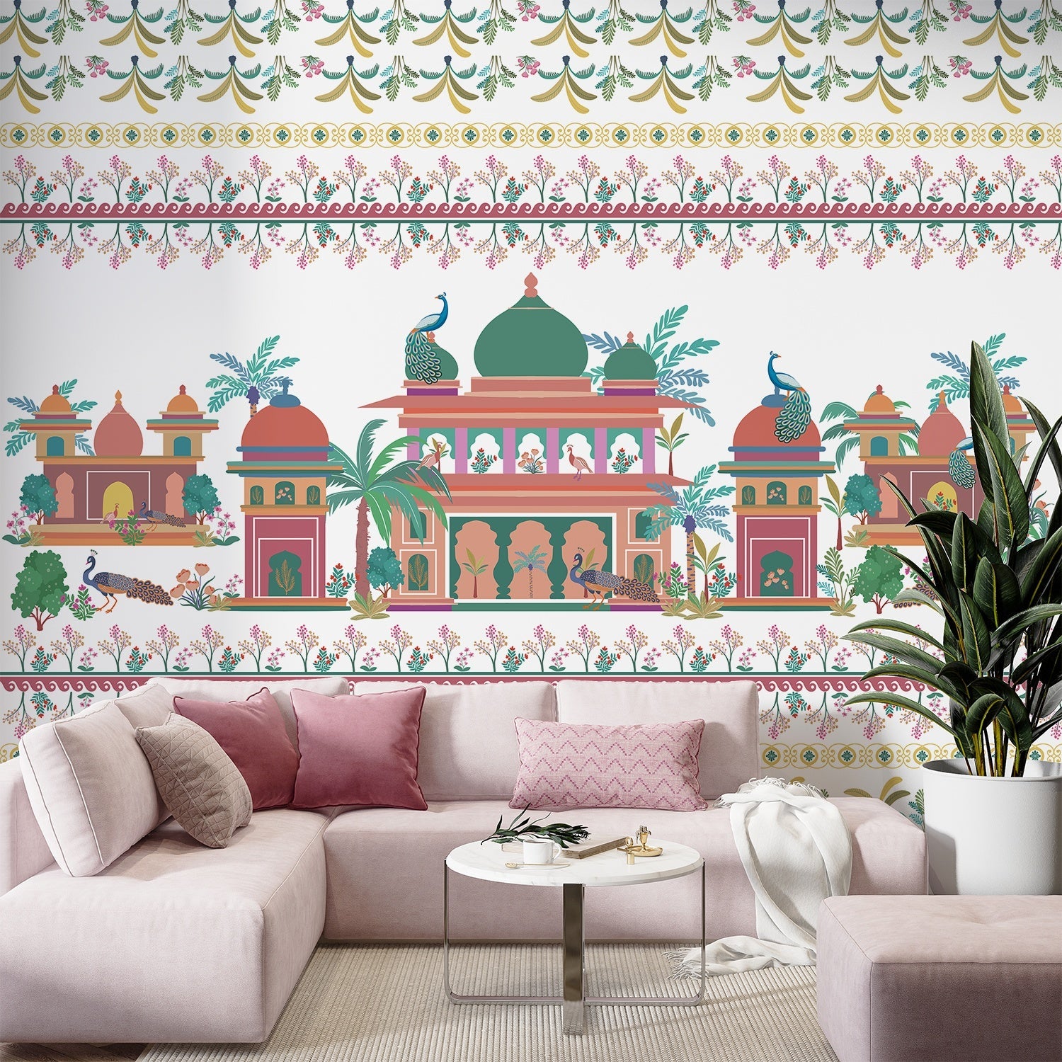Pink and coral Mughal palace architecture with peacocks and floral border pattern design - view 11 - final